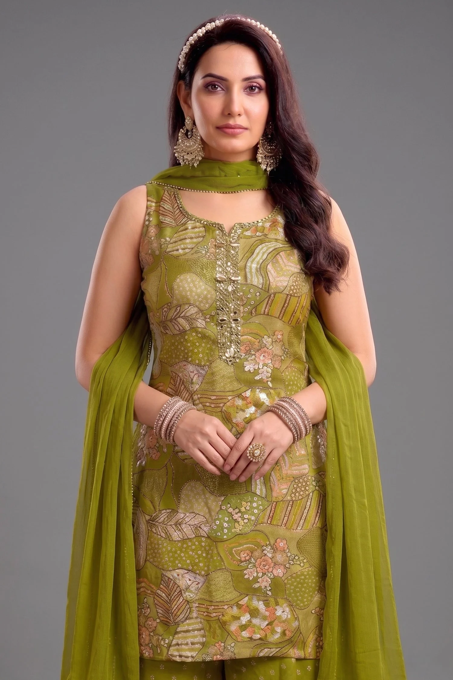 Green Tissue Silk Printed Palazzo Suit - Image 2