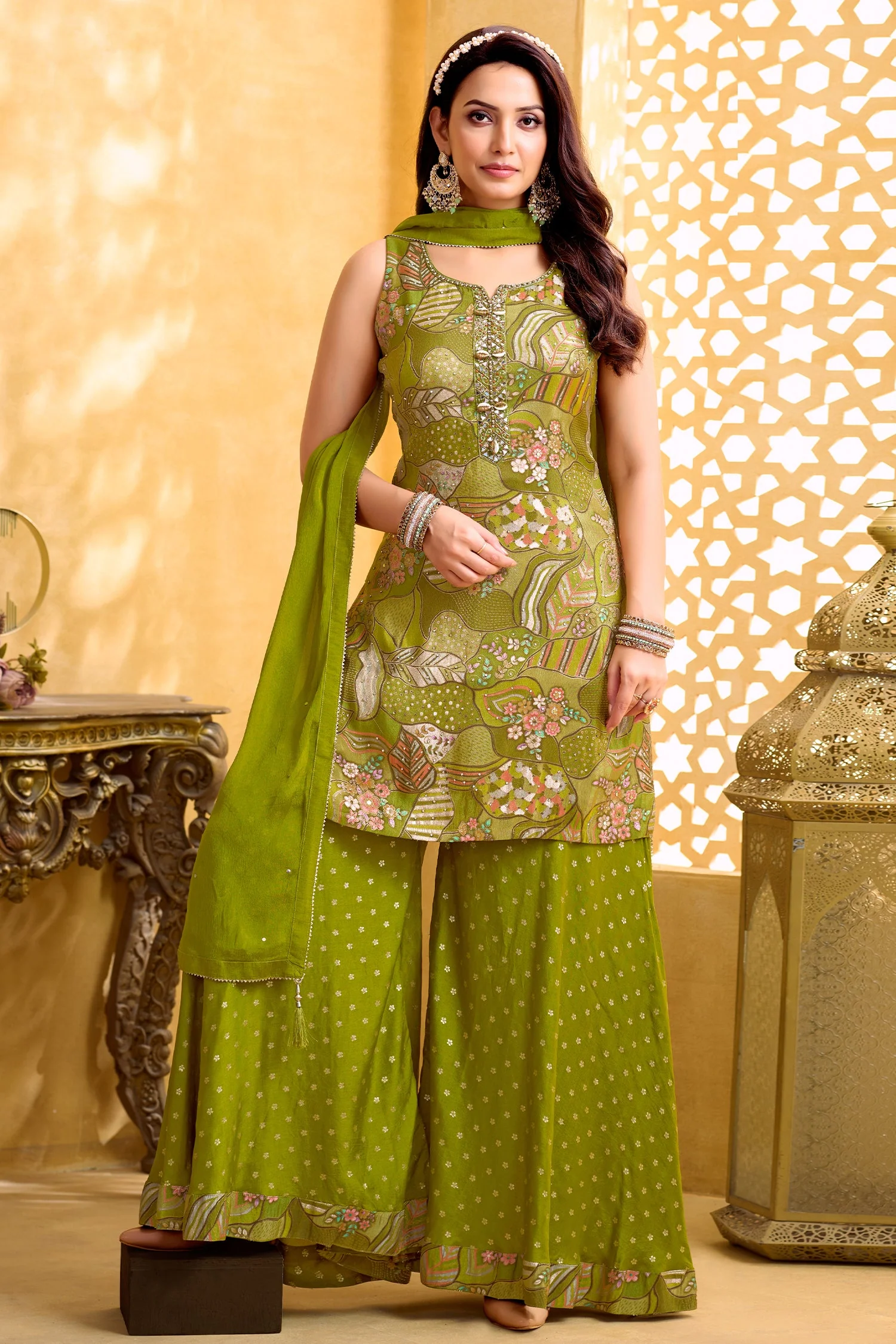 Green Tissue Silk Printed Palazzo Suit - Image 3