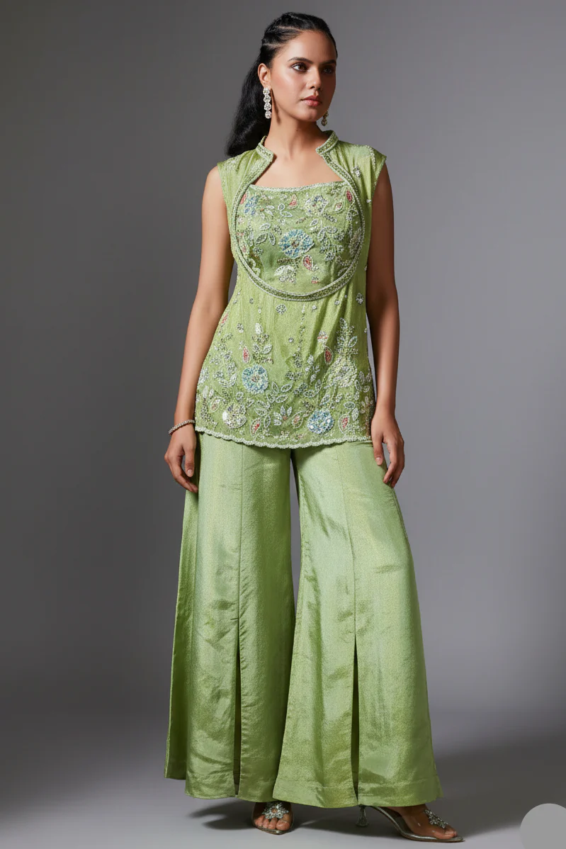 Green Tissue Silk Sequin Beaded Palazzo Set