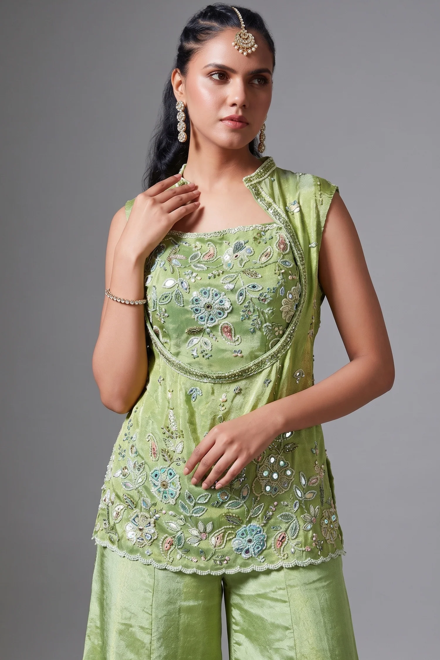 Green Tissue Silk Sequin Beaded Palazzo Set - Image 2