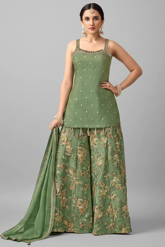 Green Tissue Weaving Palazzo Suit