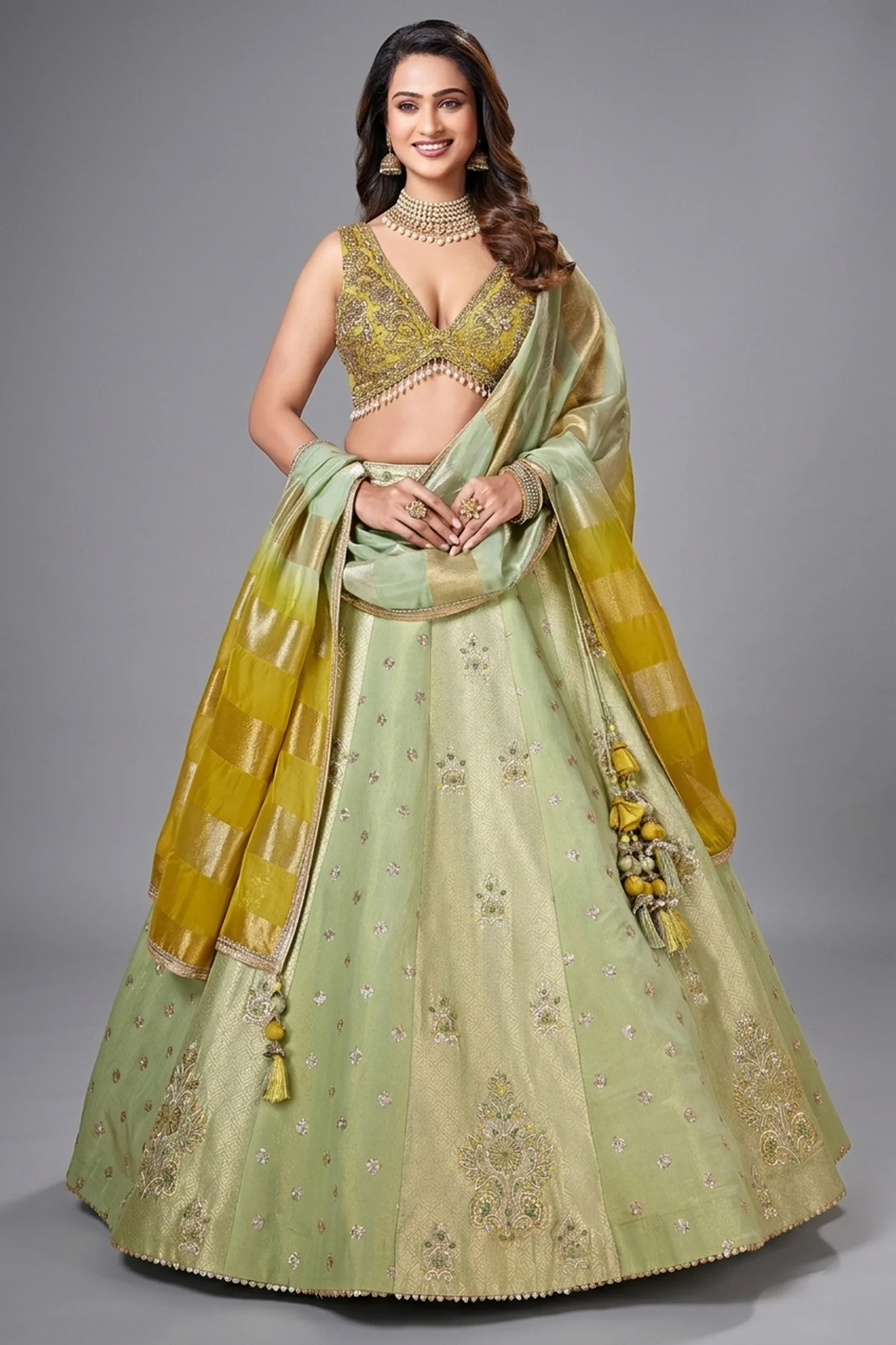 Green Tissue Woven and Sequin Worked Lehenga