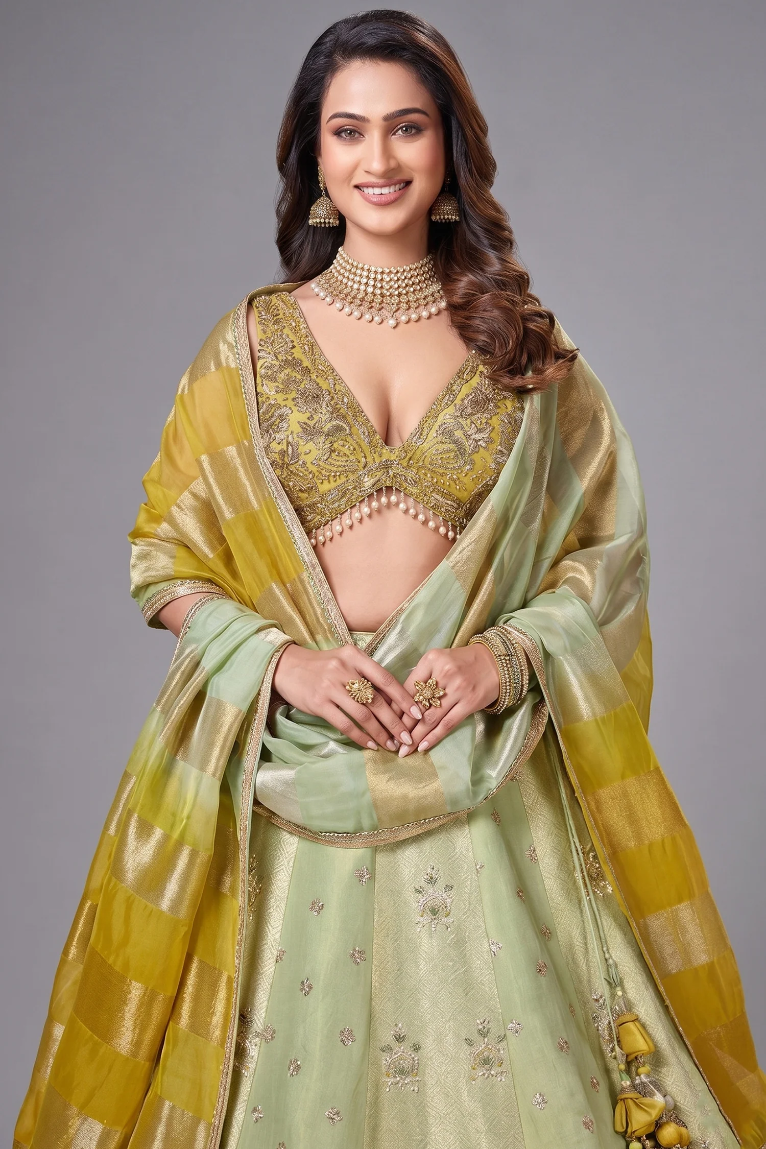 Green Tissue Woven and Sequin Worked Lehenga - Image 2