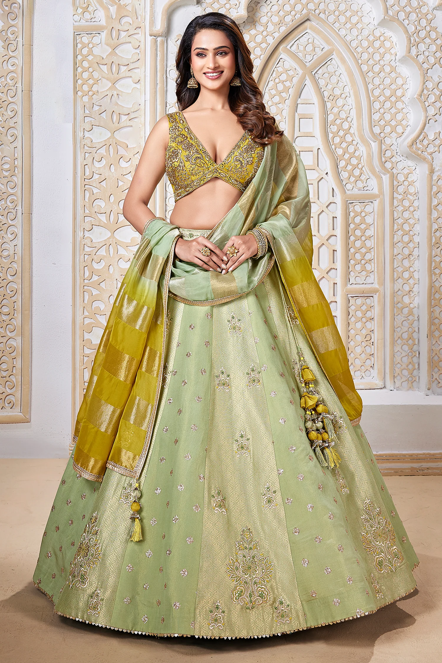 Green Tissue Woven and Sequin Worked Lehenga - Image 3