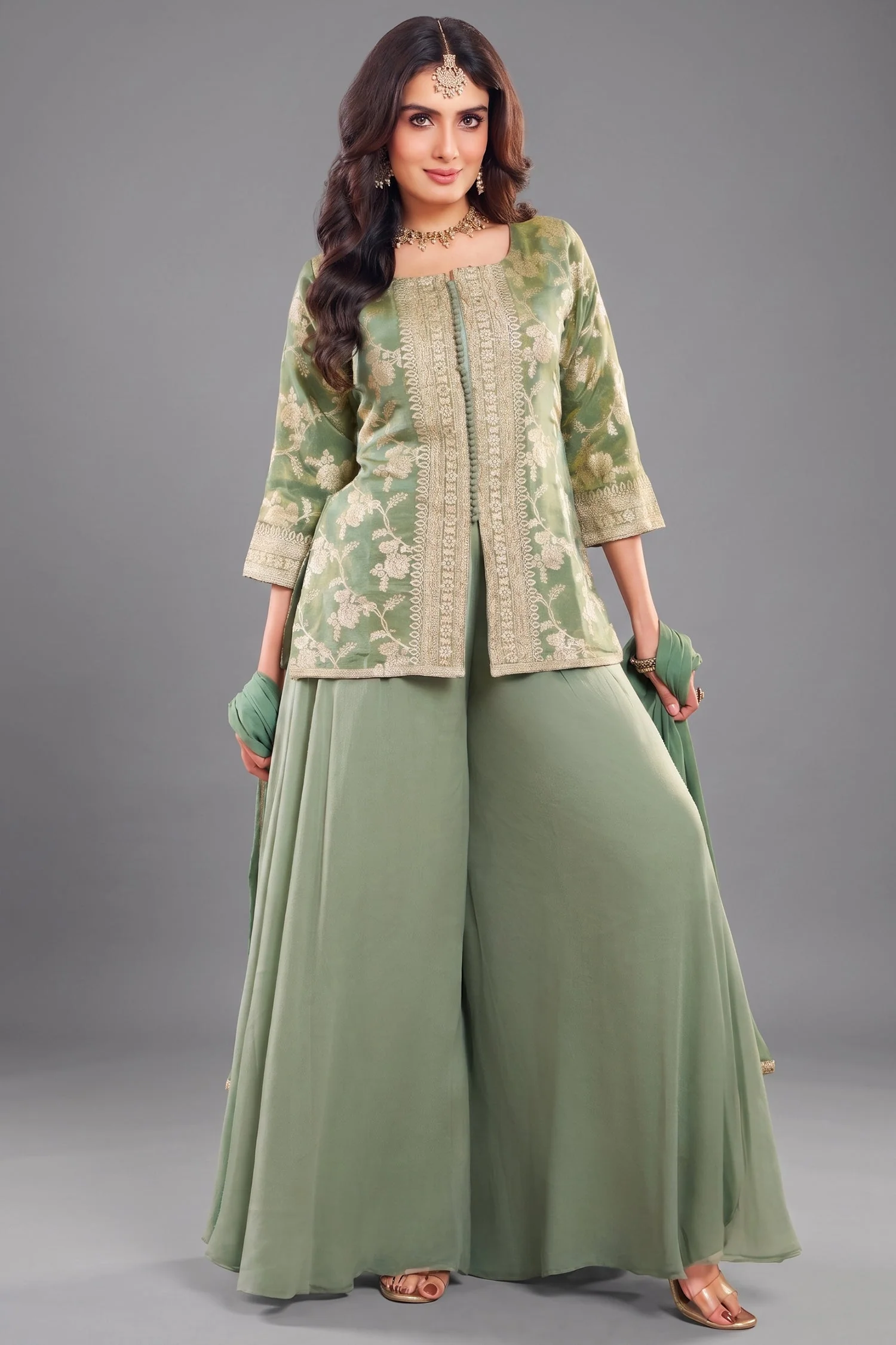Green Tissue Woven Palazzo Suit