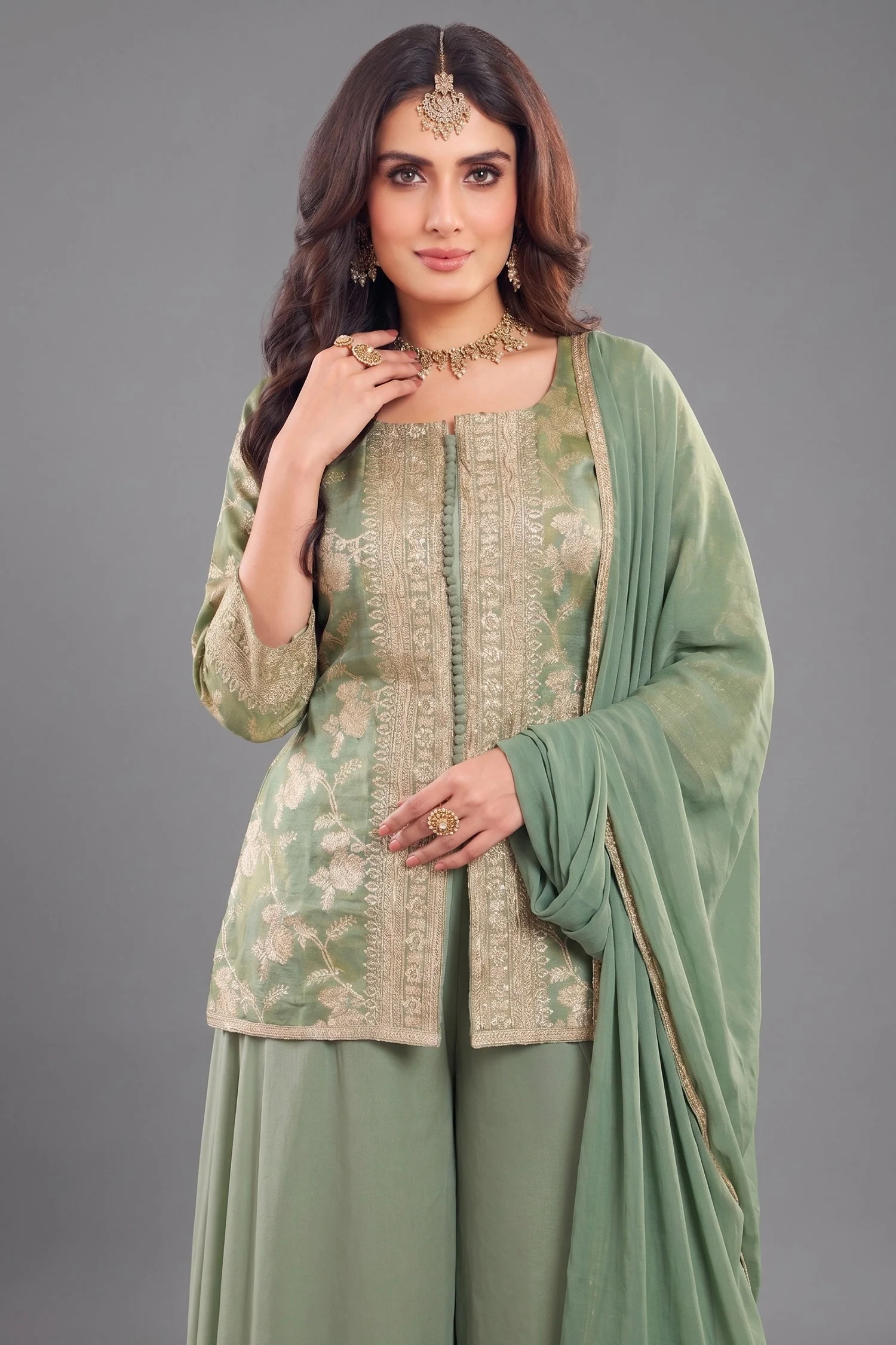 Green Tissue Woven Palazzo Suit - Image 2