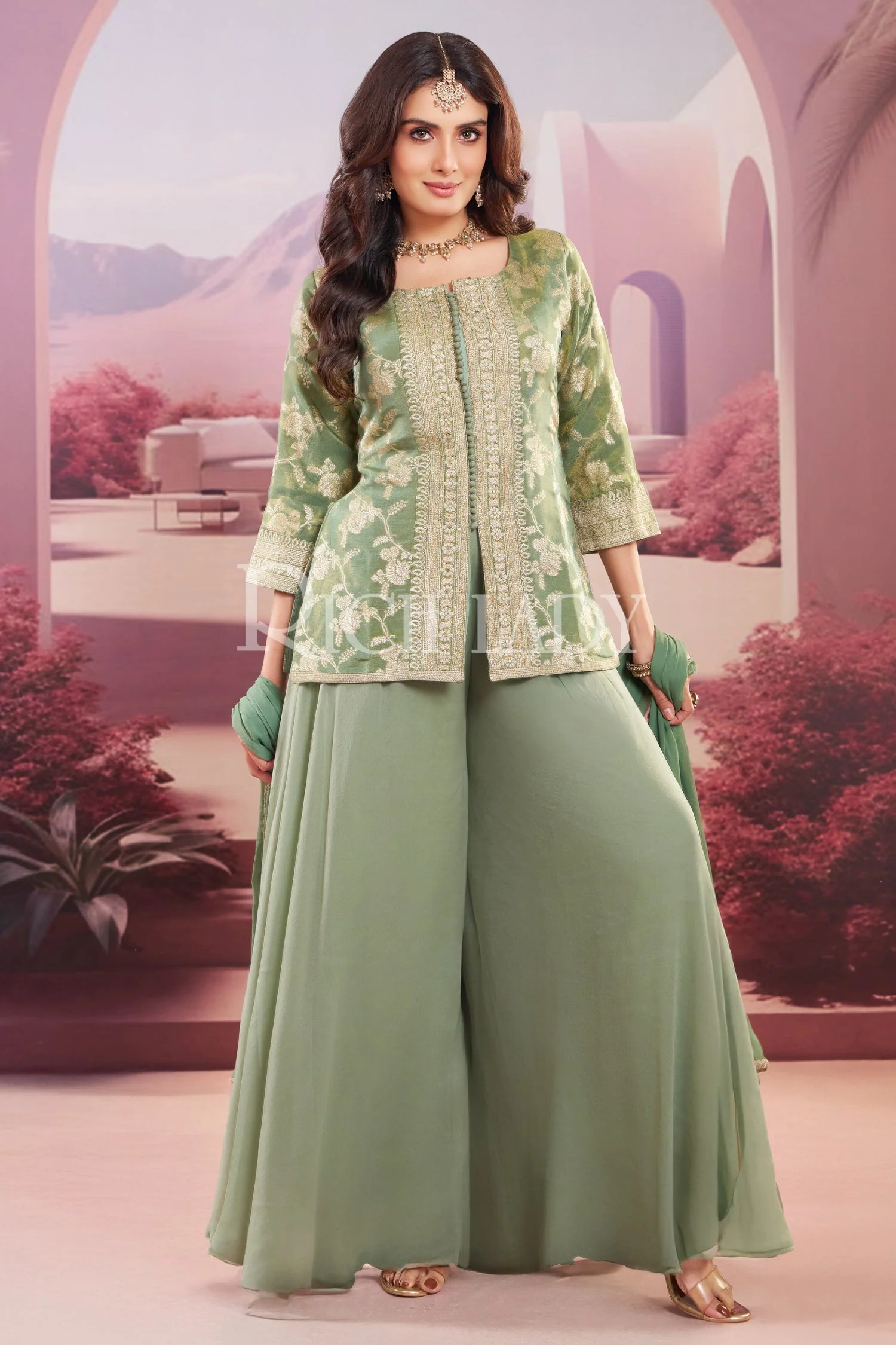 Green Tissue Woven Palazzo Suit - Image 3