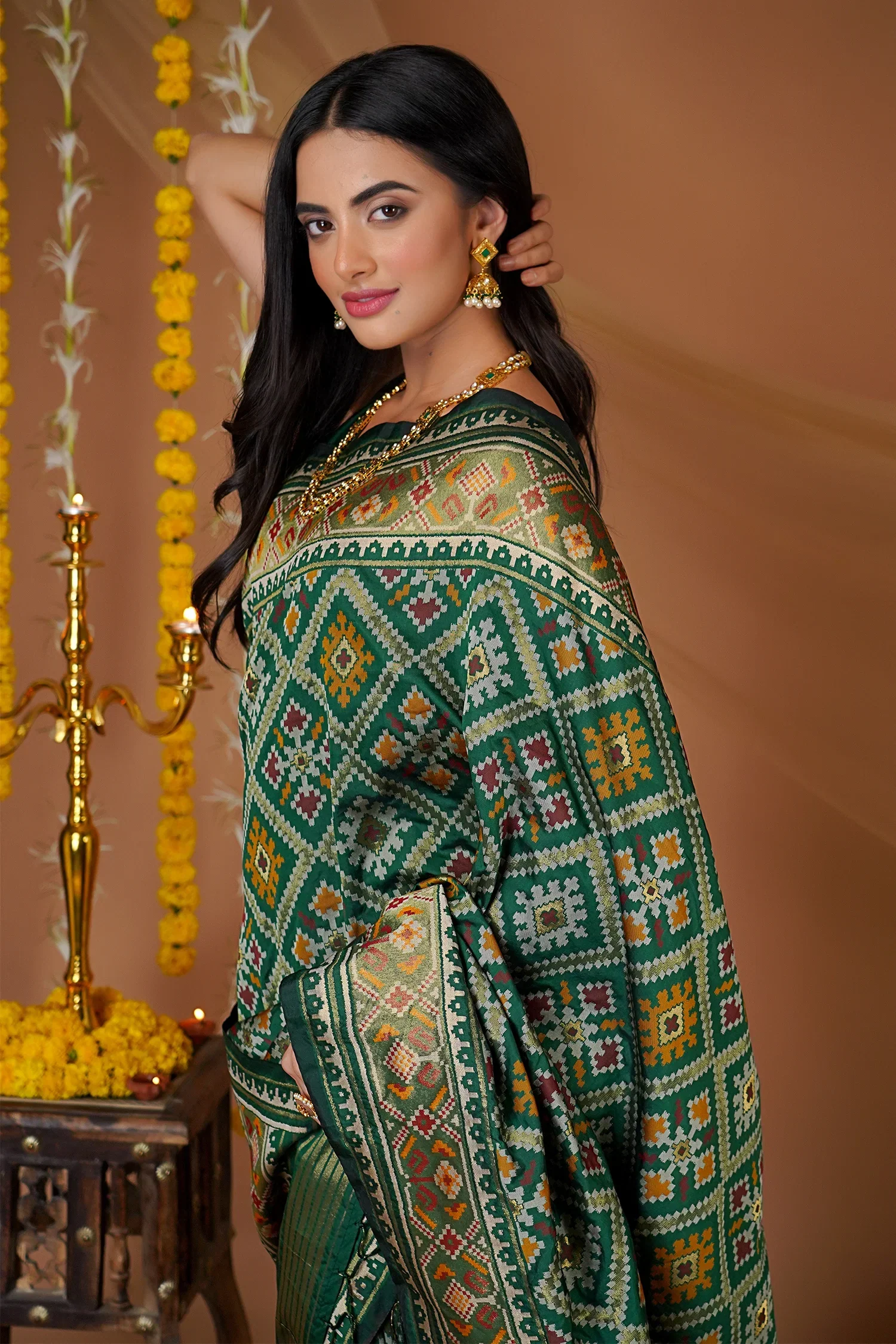 Green Traditional Patola Woven Saree in Silk - Image 4