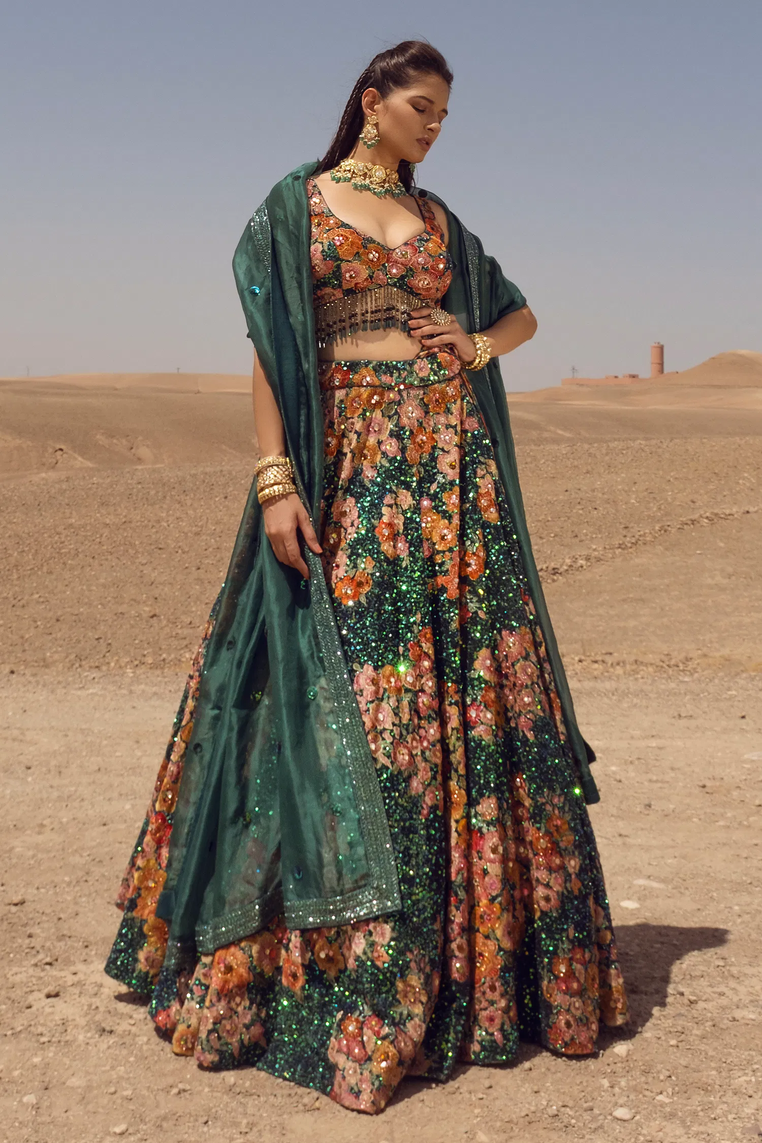 Green Velvet Designer Sequinned Lehenga - Image 2