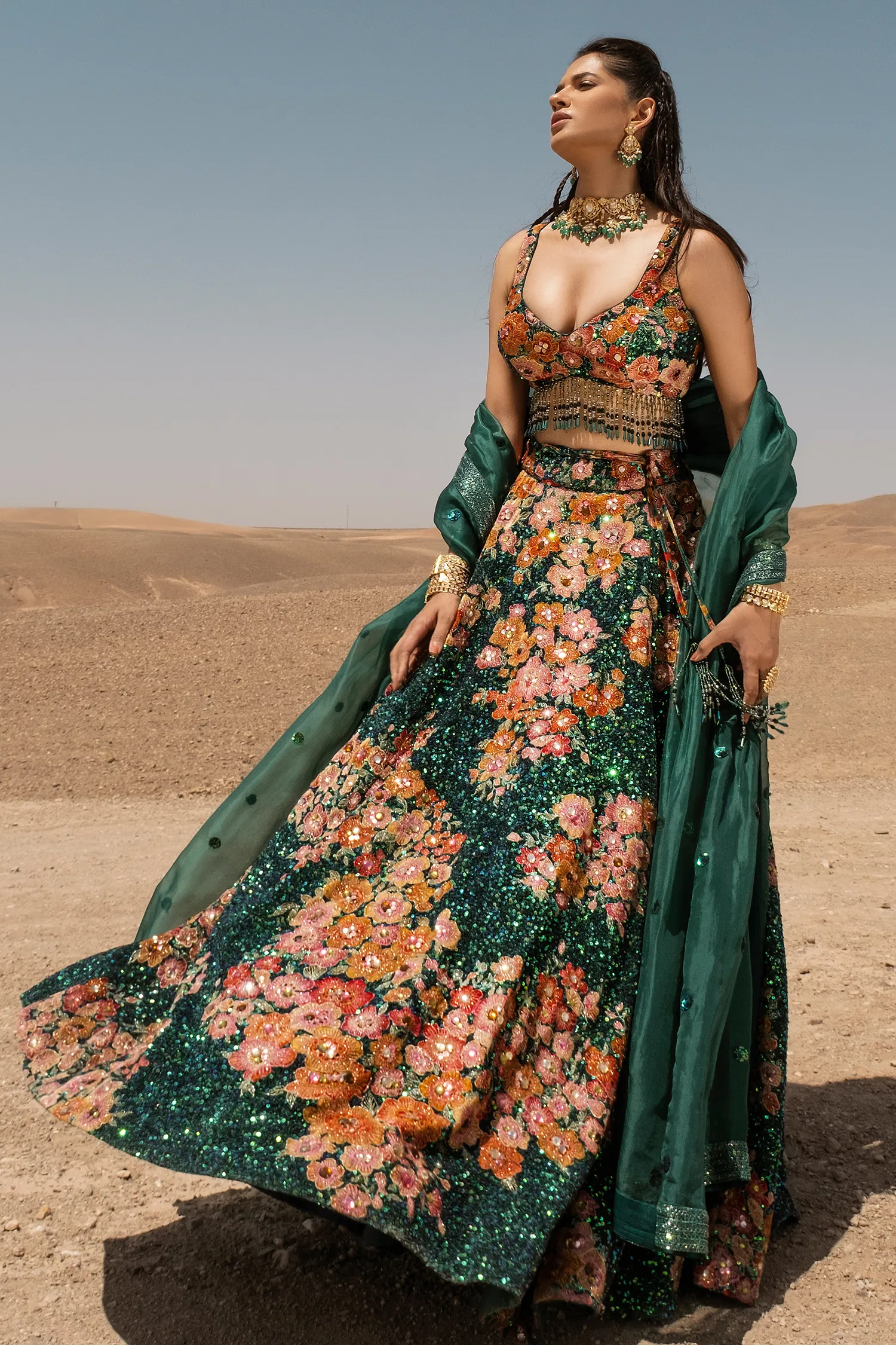 Green Velvet Designer Sequinned Lehenga - Image 3