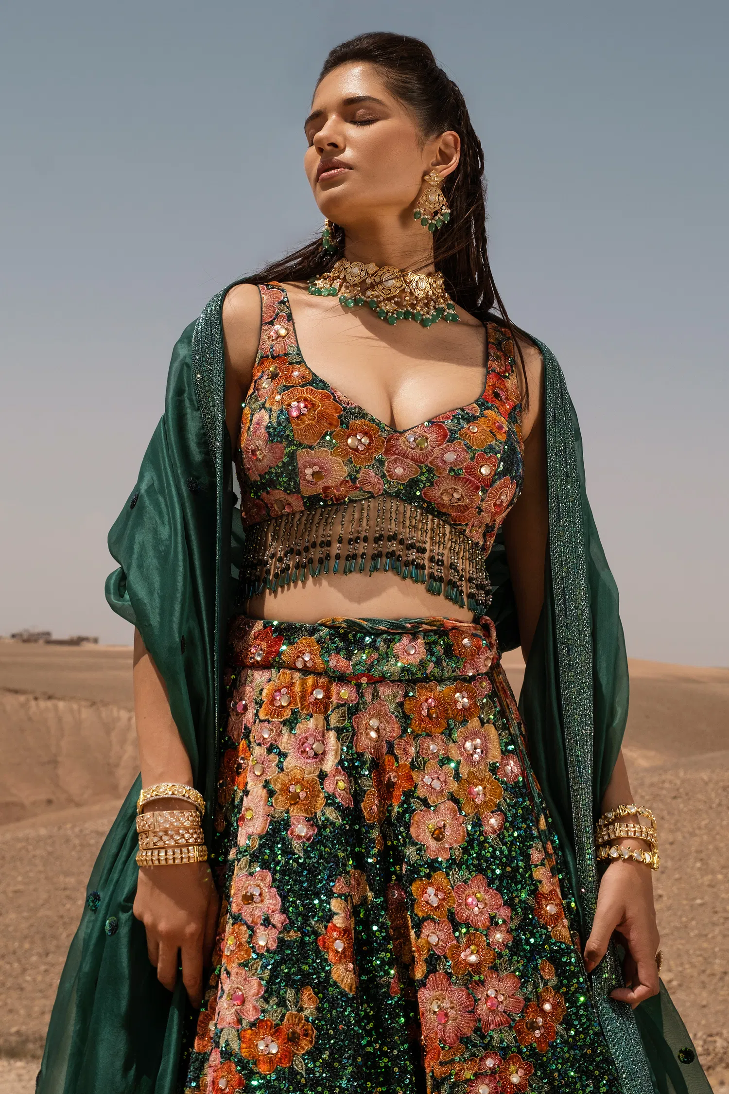 Green Velvet Designer Sequinned Lehenga - Image 5