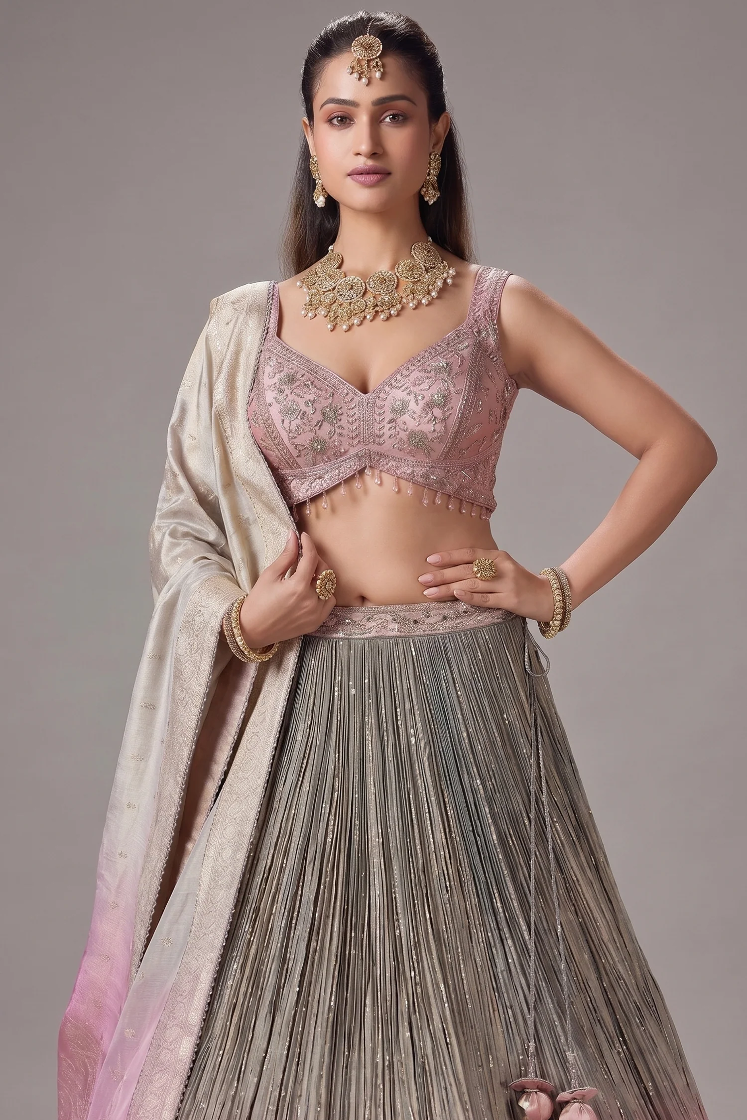Grey and Pink Ombre Tissue Sequin Embroidered Lehenga - Image 2