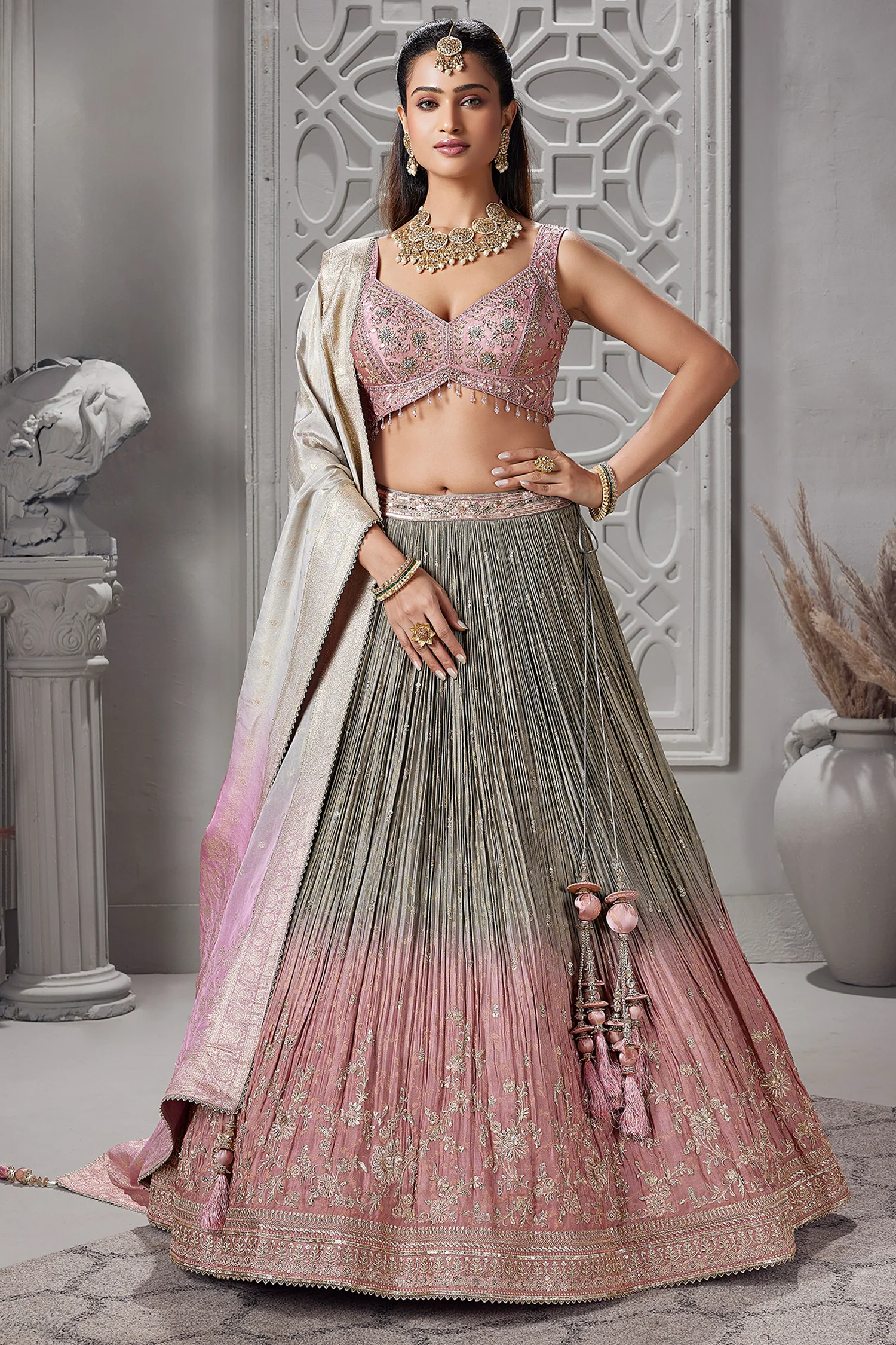 Grey and Pink Ombre Tissue Sequin Embroidered Lehenga - Image 3