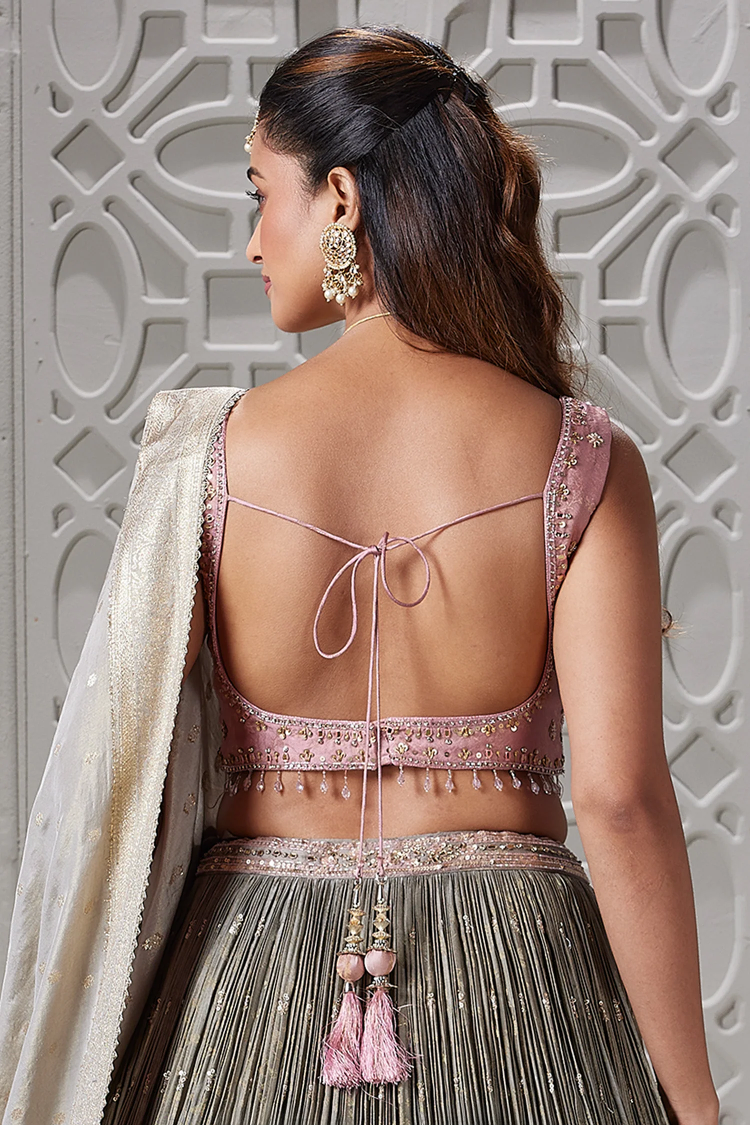 Grey and Pink Ombre Tissue Sequin Embroidered Lehenga - Image 4
