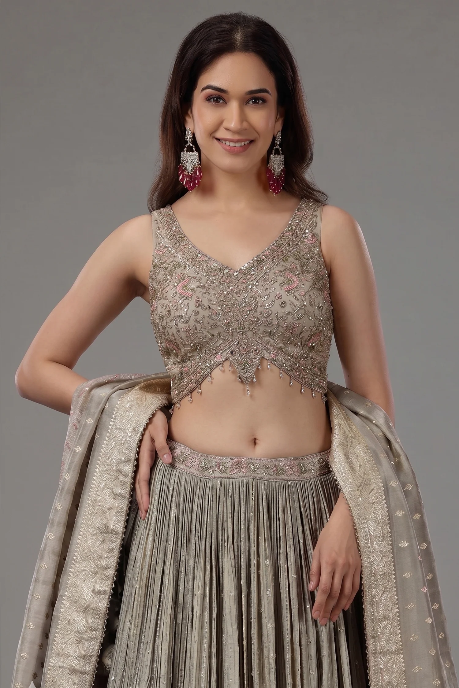 Grey and Pink Ombre Tissue Sequins Worked Lehenga - Image 2