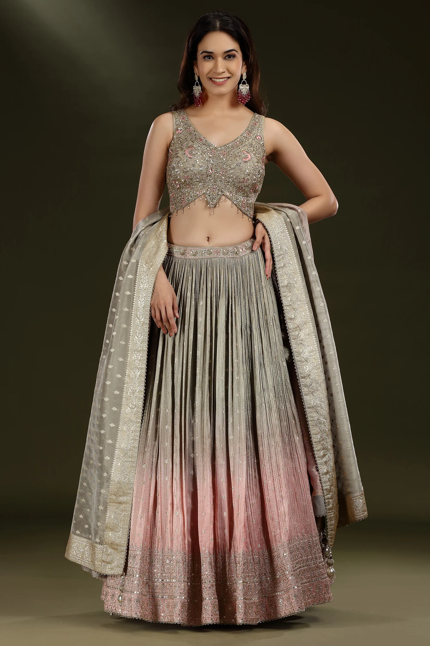 Grey and Pink Ombre Tissue Sequins Worked Lehenga - Image 3