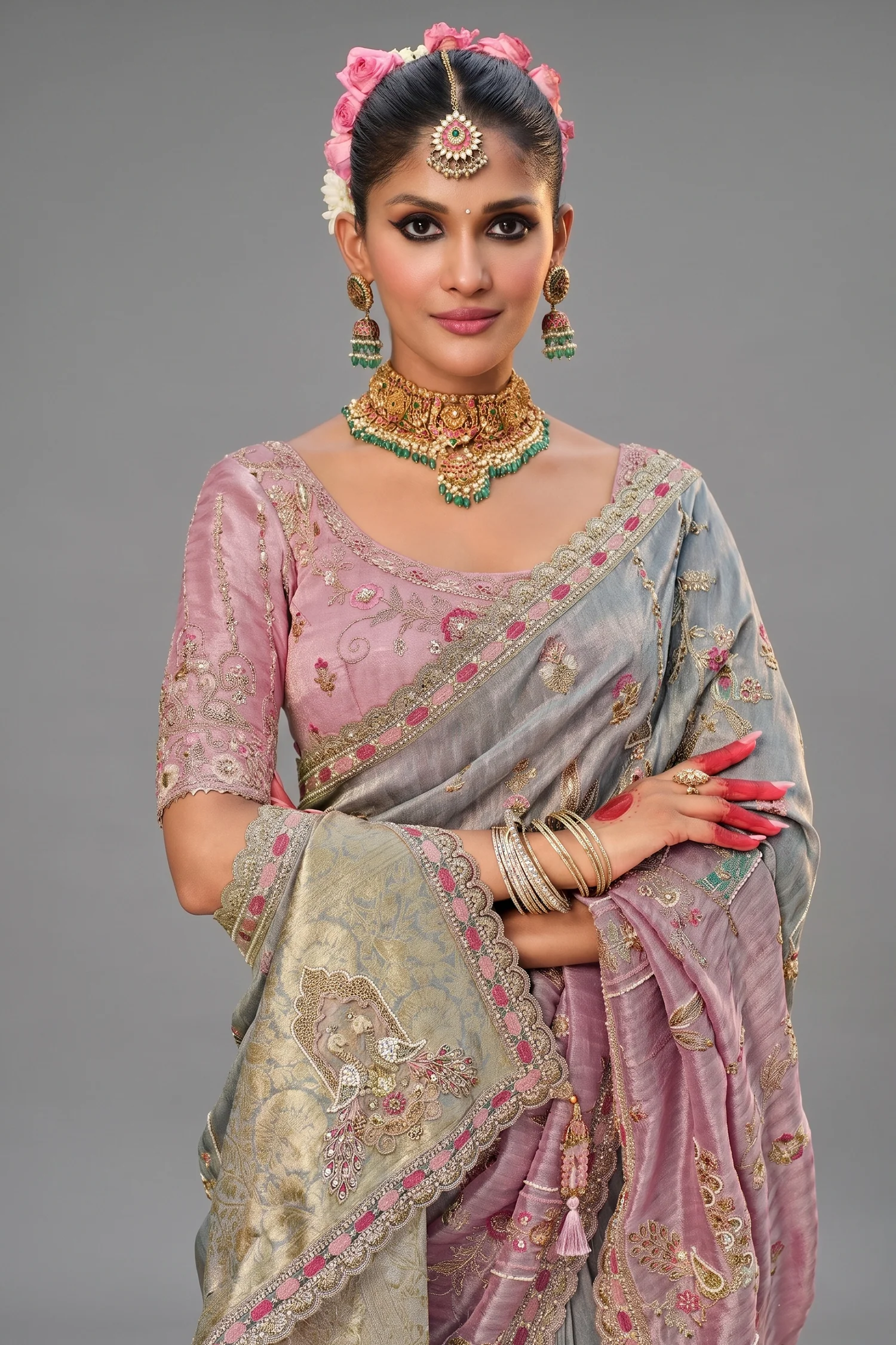 Grey and Pink Silk Woven Saree with Embroidery - Image 2