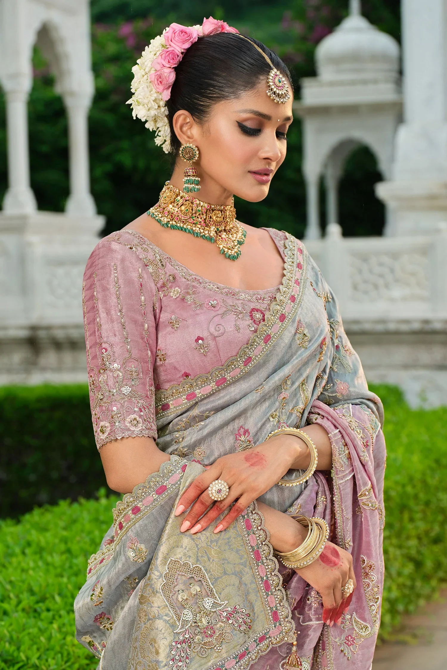 Grey and Pink Silk Woven Saree with Embroidery - Image 3