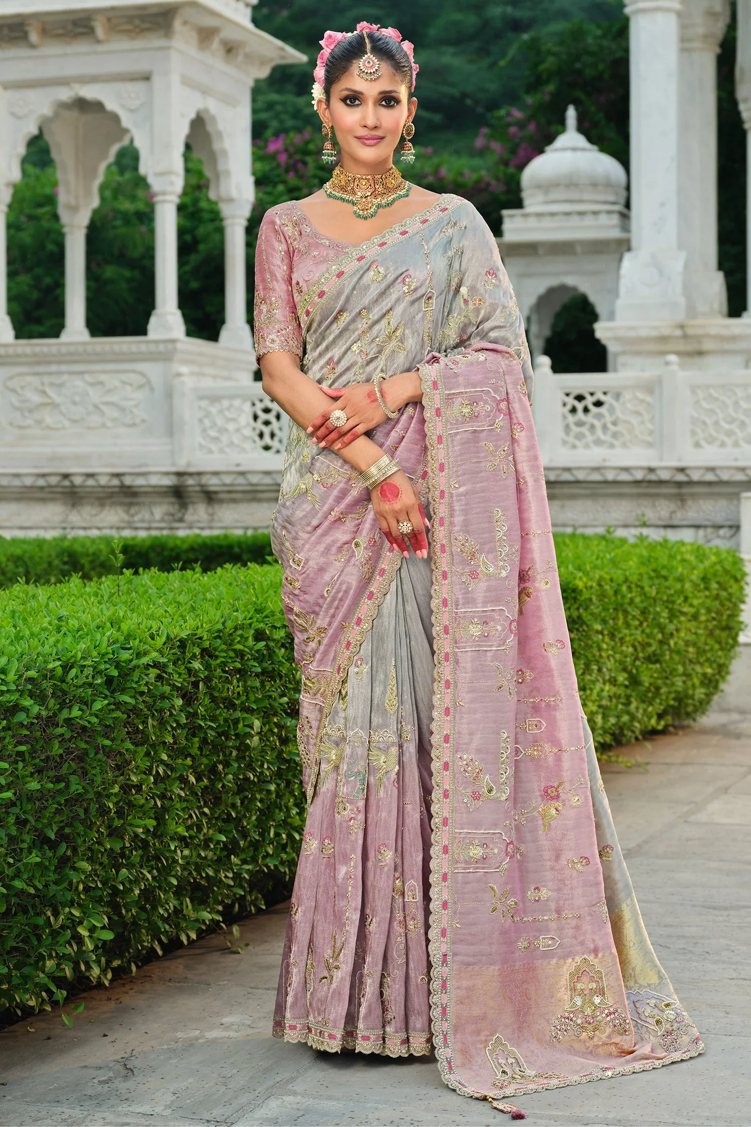 Grey and Pink Silk Woven Saree with Embroidery - Image 4