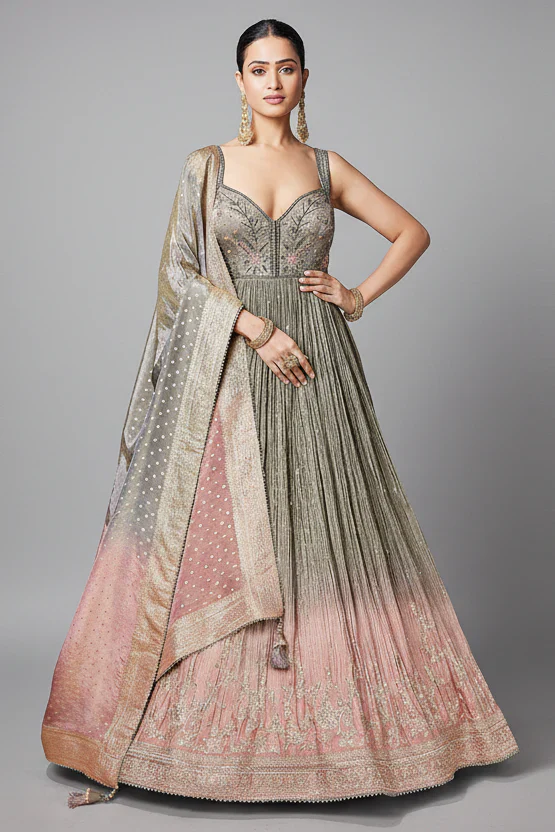Grey and Pink Tissue Anarkali Suit with Sequinned and Beads Work