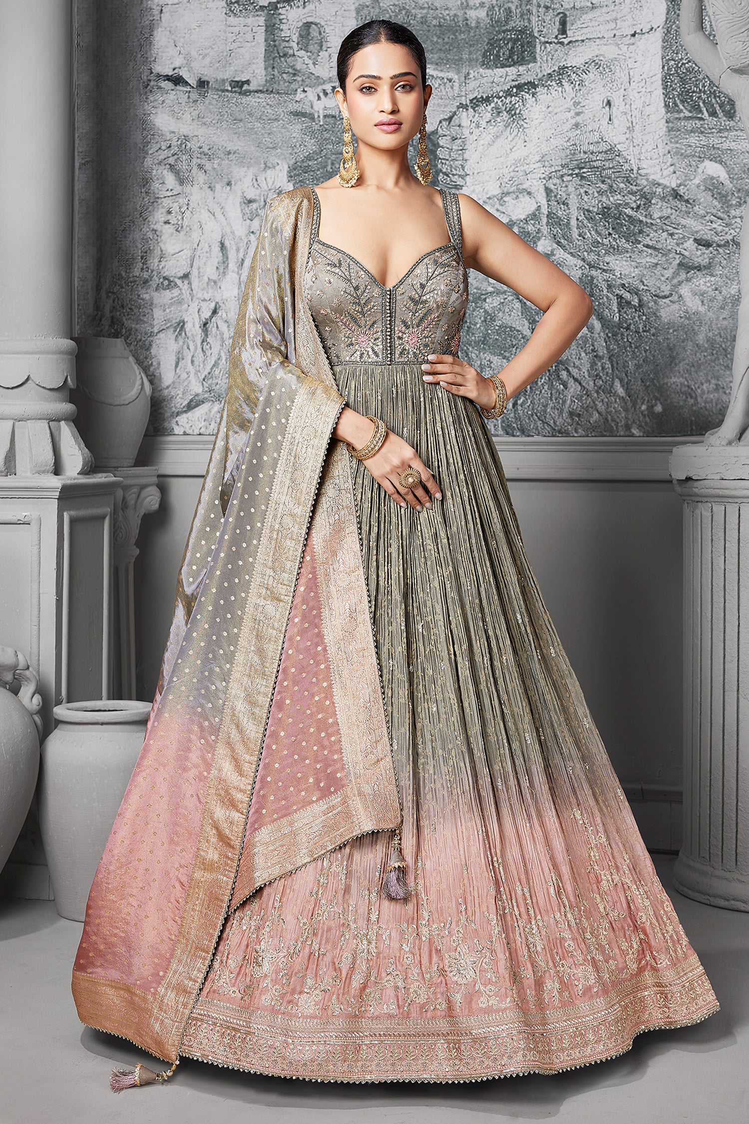 Grey and Pink Tissue Anarkali Suit with Sequinned and Beads Work - Image 2