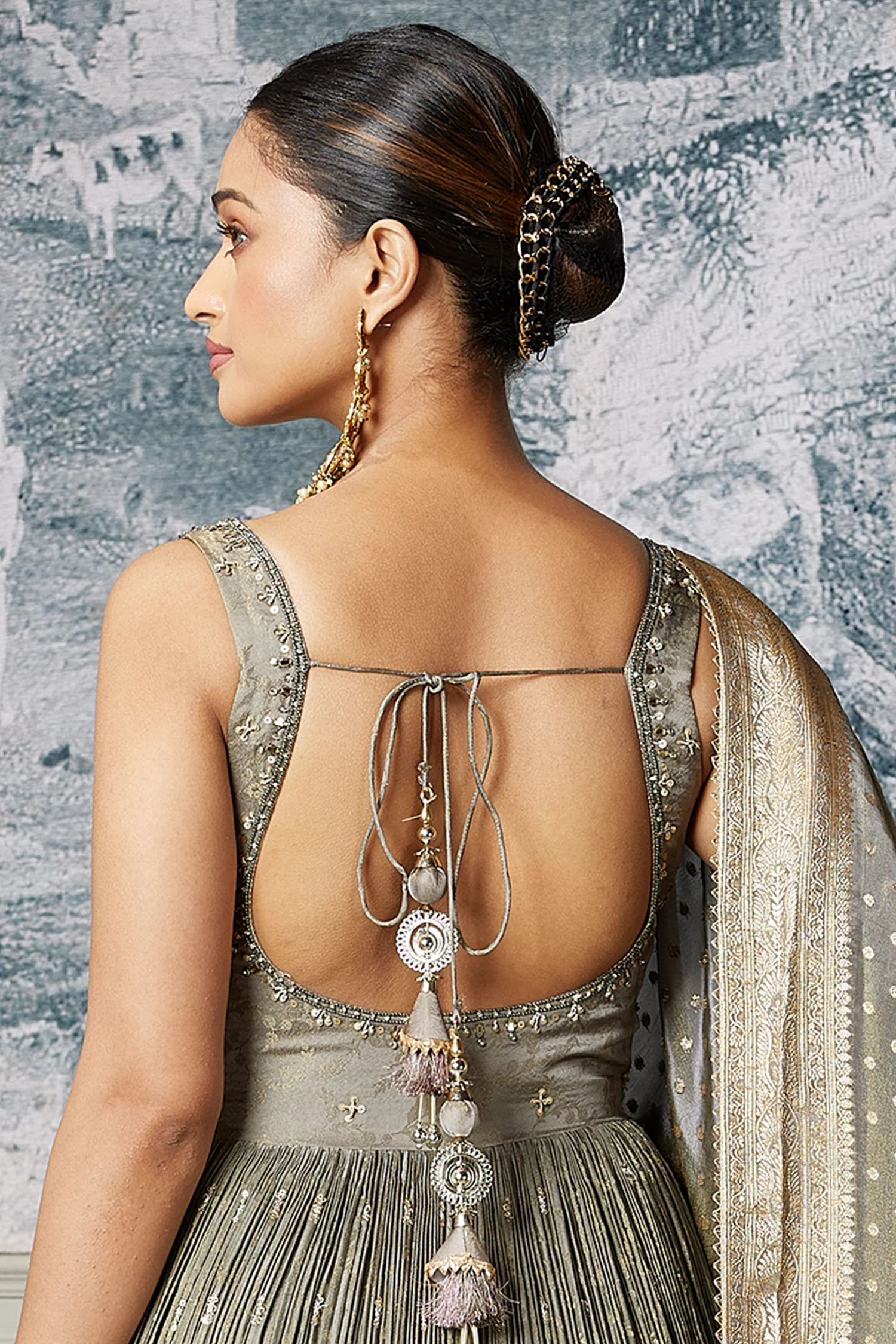Grey and Pink Tissue Anarkali Suit with Sequinned and Beads Work - Image 3