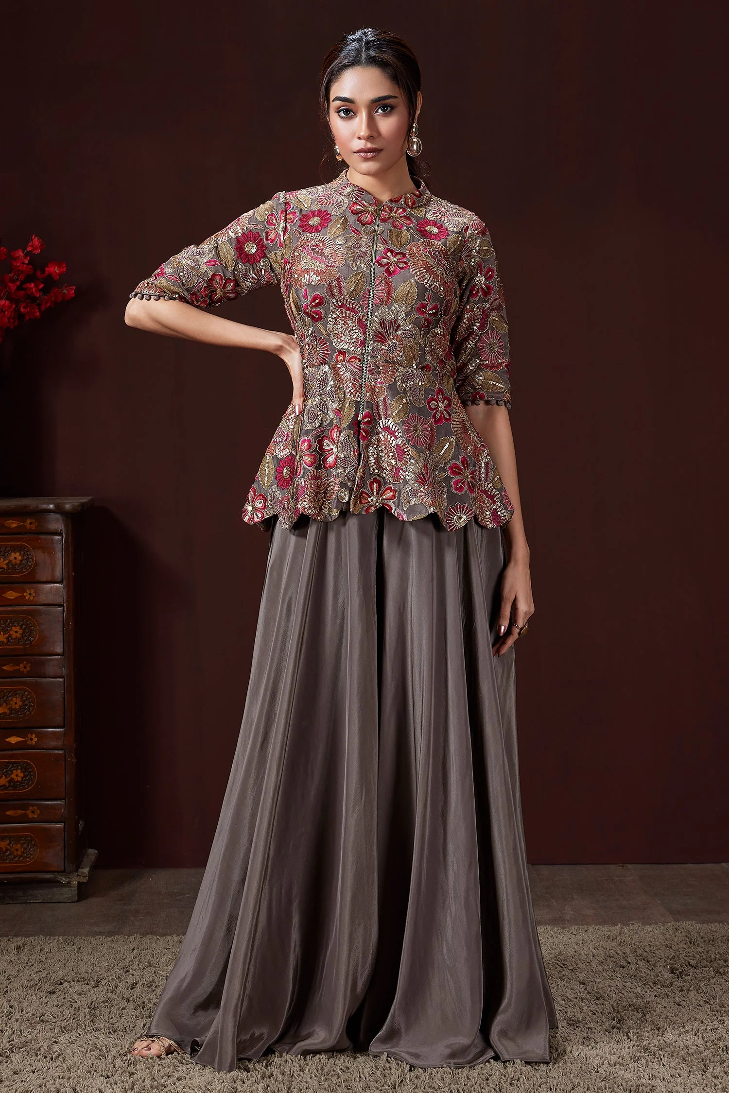 Grey Chinon Floral Embroidered and Sequin Worked Peplum Top and Palazzo Set - Image 2