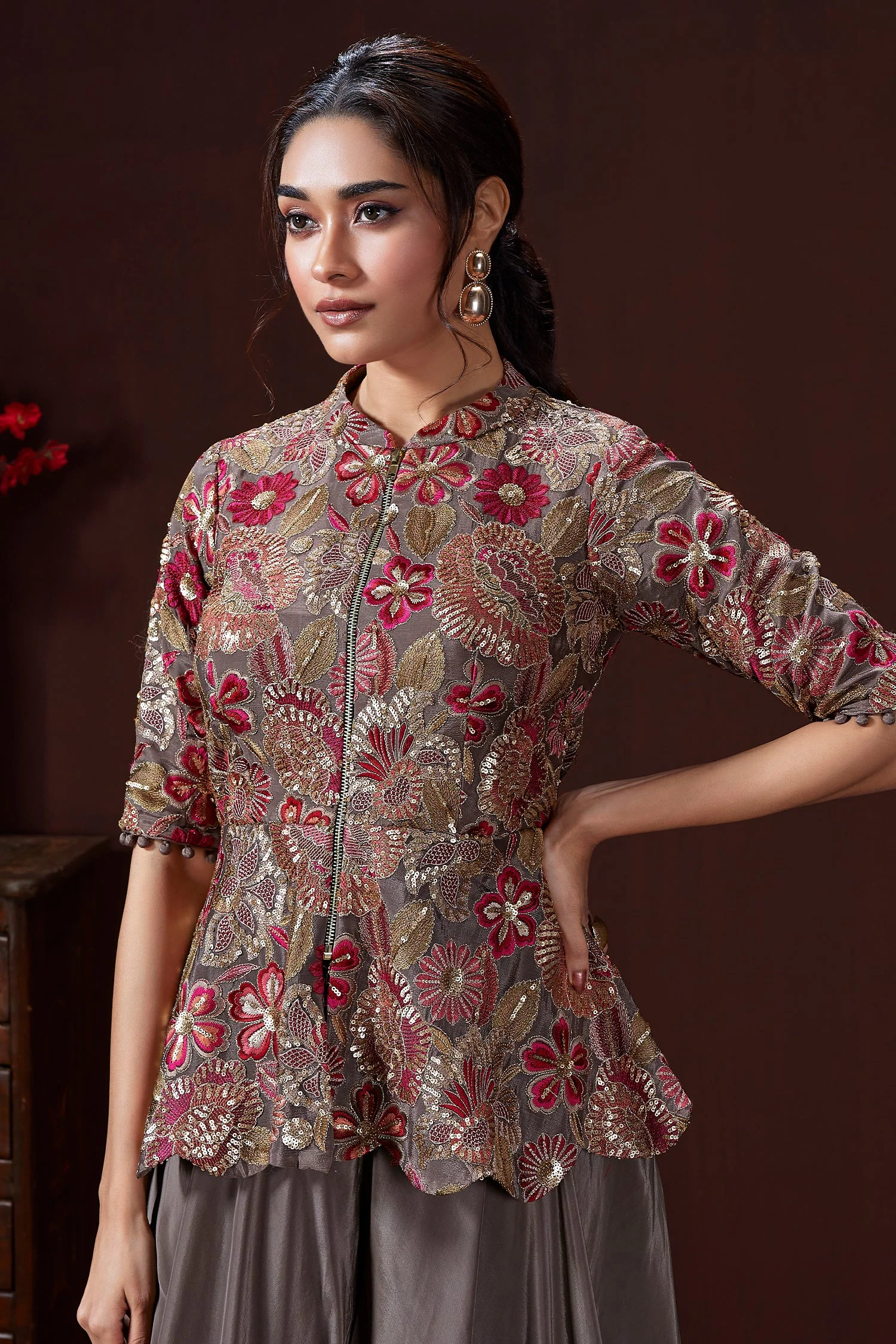 Grey Chinon Floral Embroidered and Sequin Worked Peplum Top and Palazzo Set - Image 3