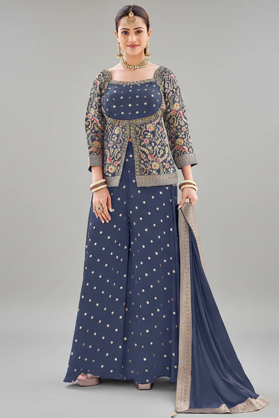 Grey Chinon Georgette Floral Woven Palazzo Suit