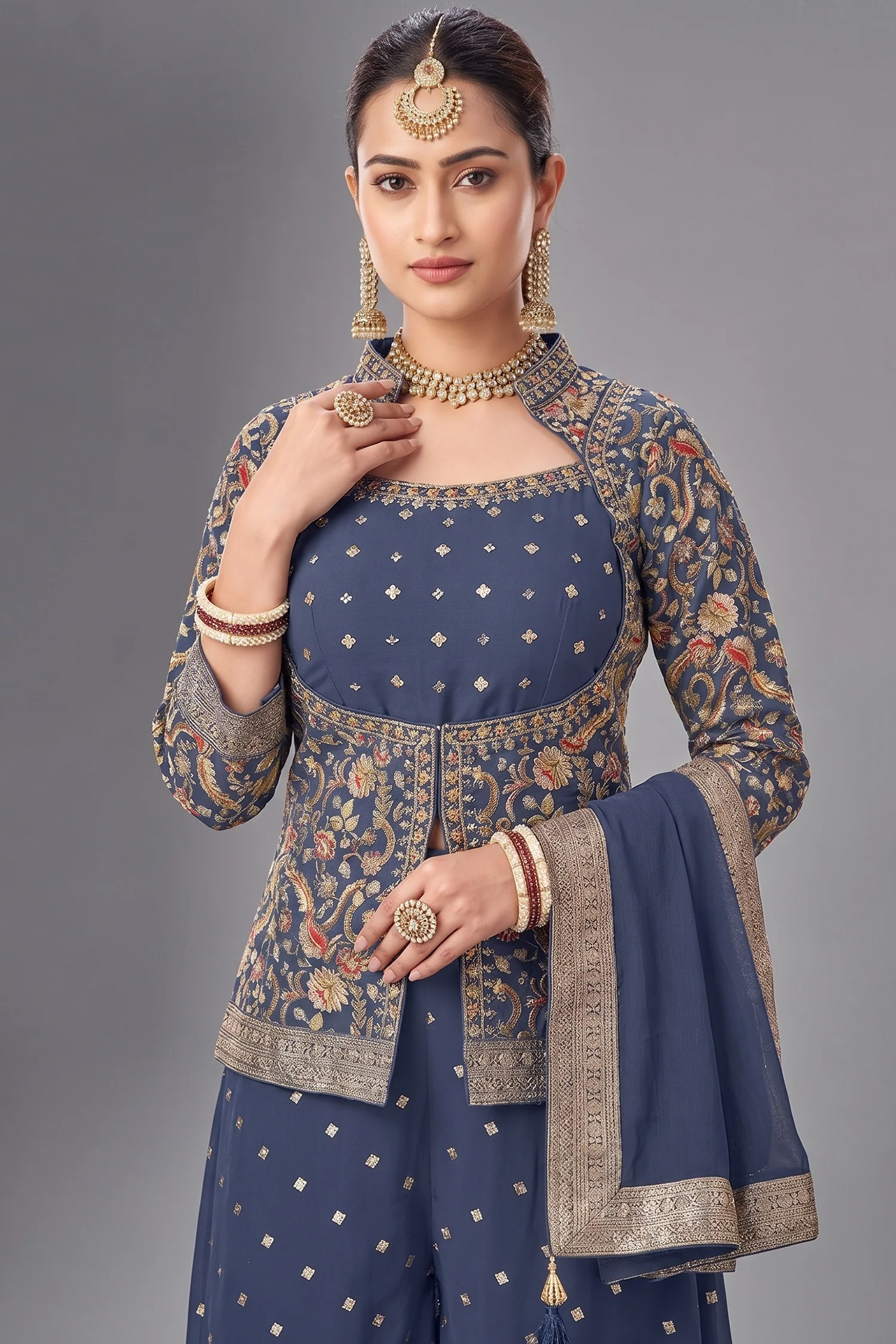 Grey Chinon Georgette Floral Woven Palazzo Suit - Image 2
