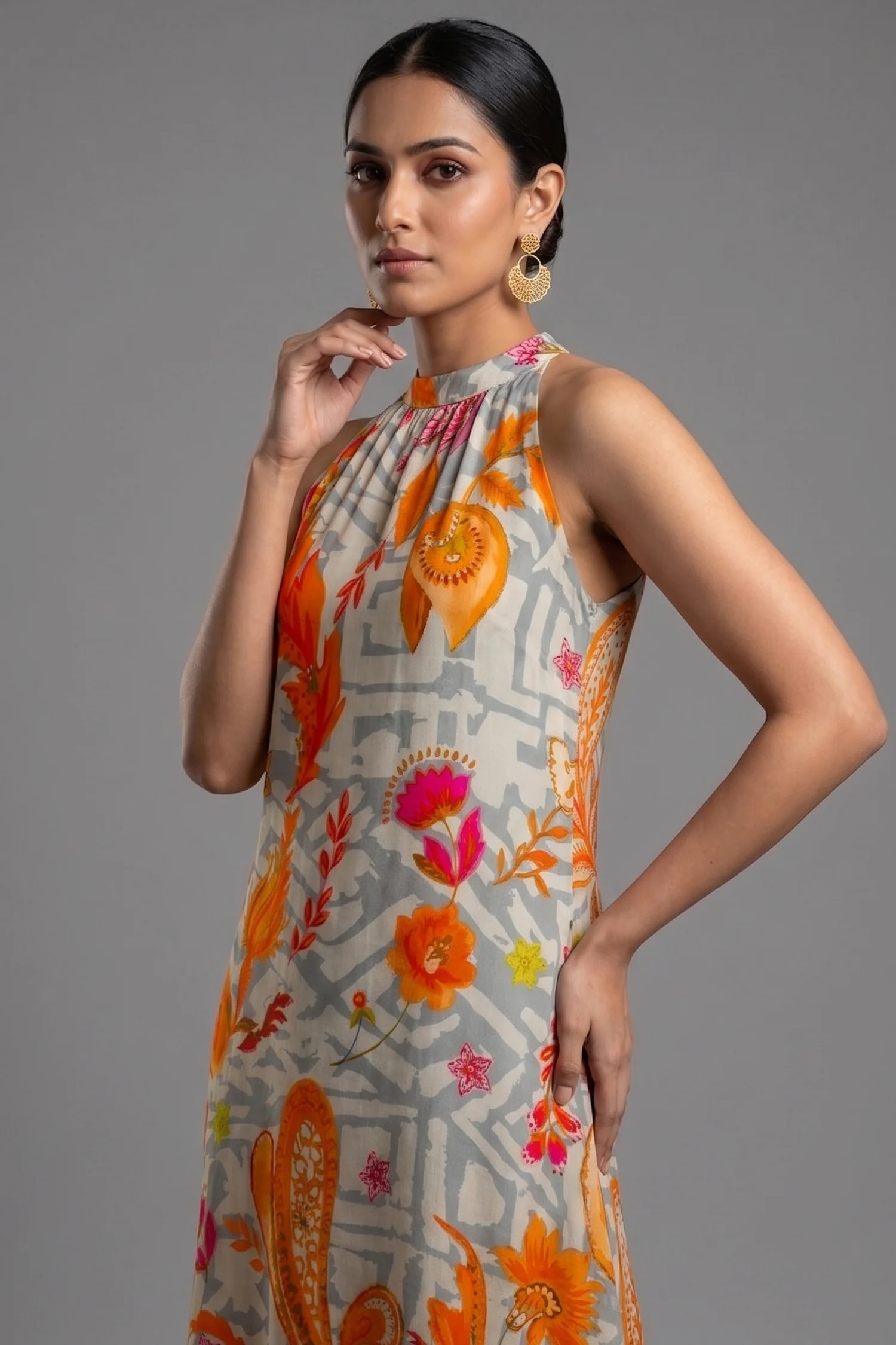 Grey Crepe Silk Floral Printed Halter Neck Co-Ord Set - Image 2