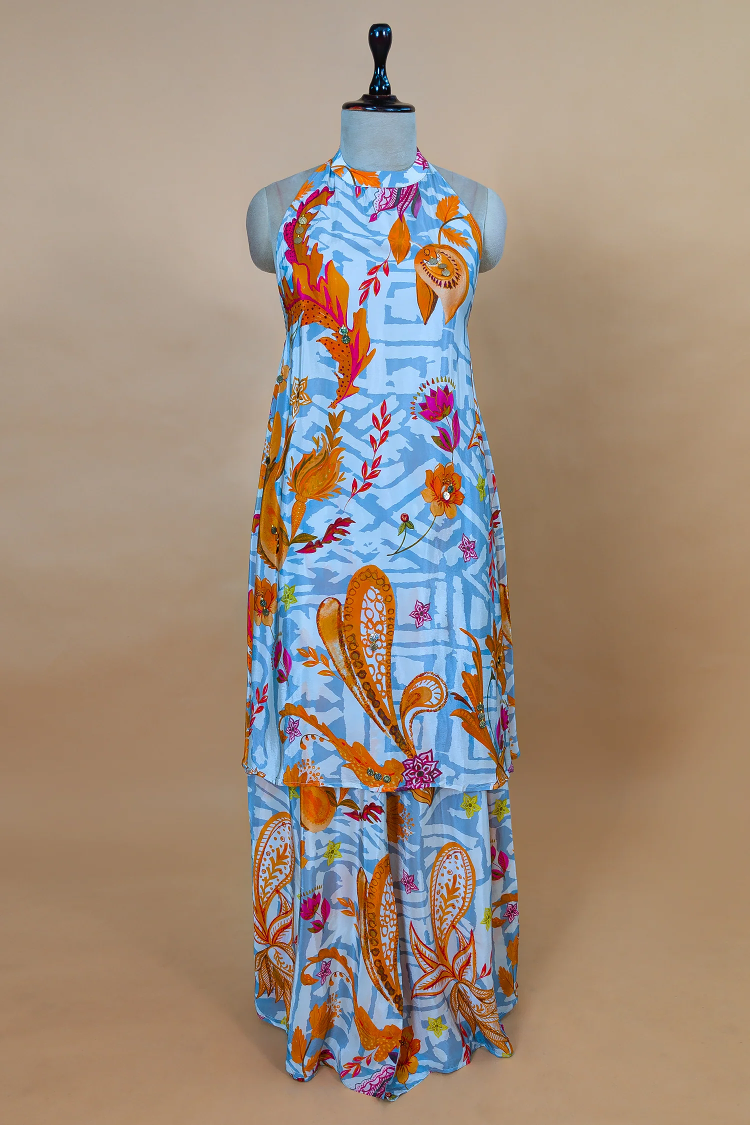 Grey Crepe Silk Floral Printed Halter Neck Co-Ord Set - Image 3