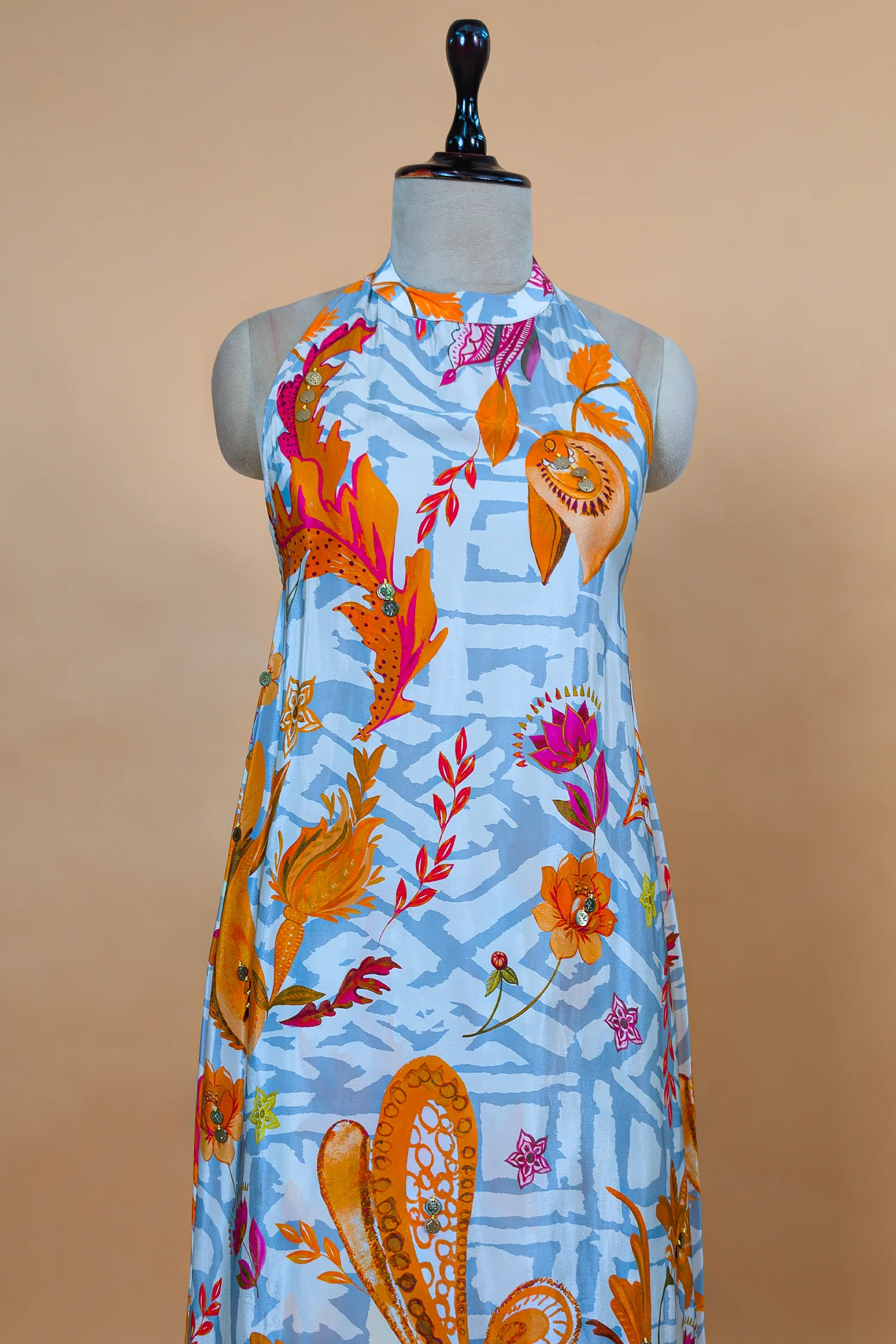 Grey Crepe Silk Floral Printed Halter Neck Co-Ord Set - Image 4