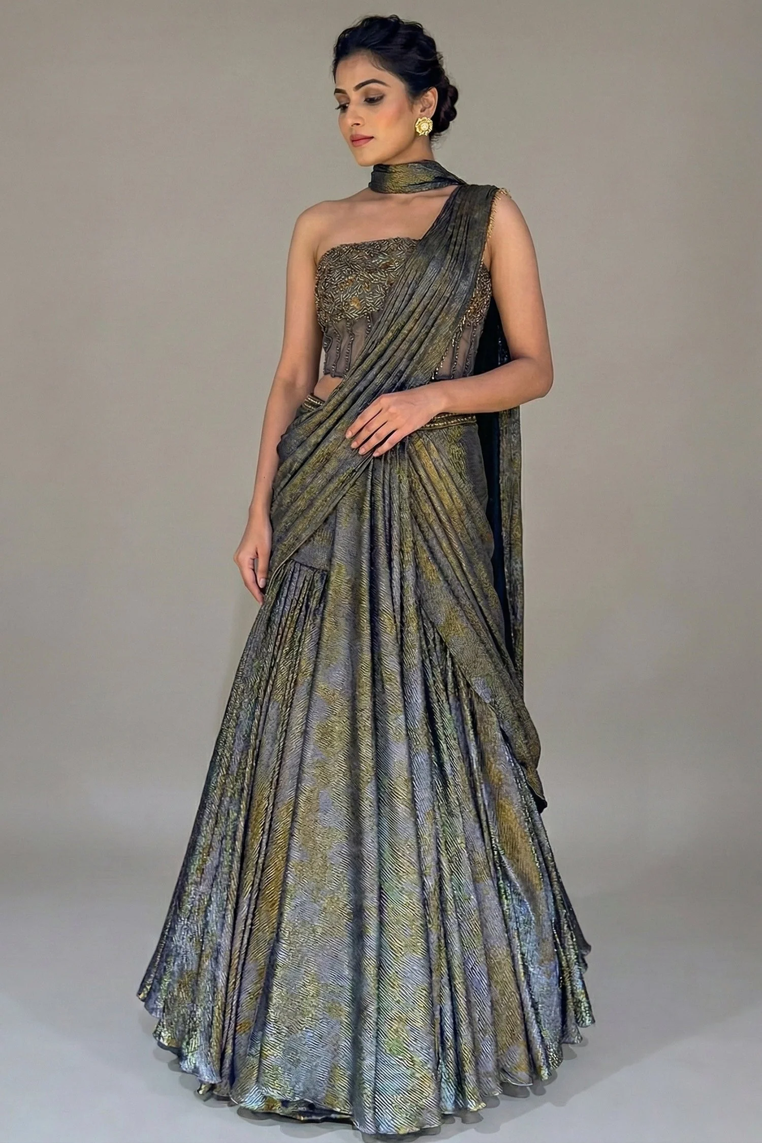 Grey Georgette Pre Draped Lehenga Style Saree with Cutdana Work Co-ord Set Blouse