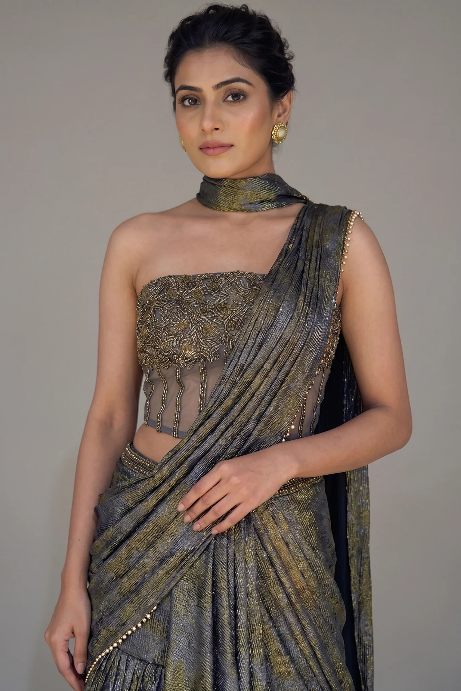 Grey Georgette Pre Draped Lehenga Style Saree with Cutdana Work Co-ord Set Blouse - Image 2