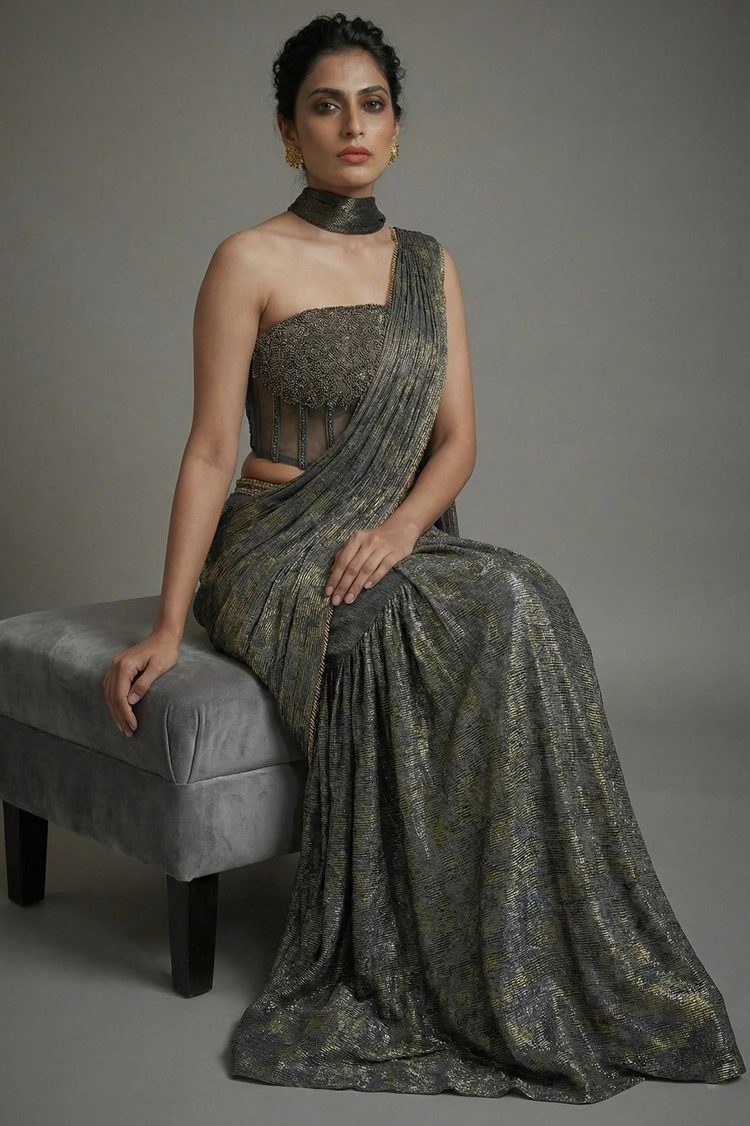 Grey Georgette Pre Draped Lehenga Style Saree with Cutdana Work Co-ord Set Blouse - Image 3