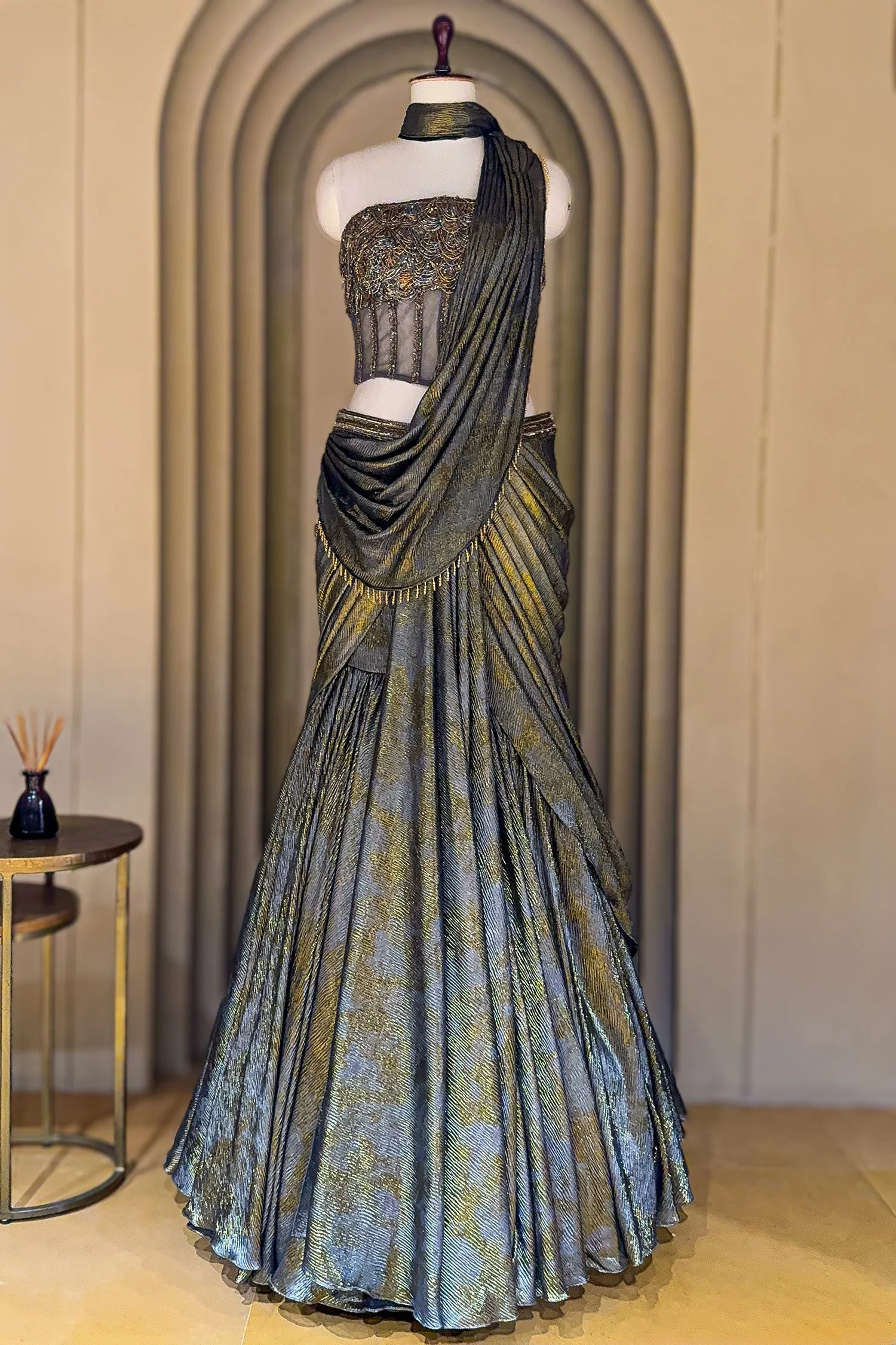 Grey Georgette Pre Draped Lehenga Style Saree with Cutdana Work Co-ord Set Blouse - Image 4