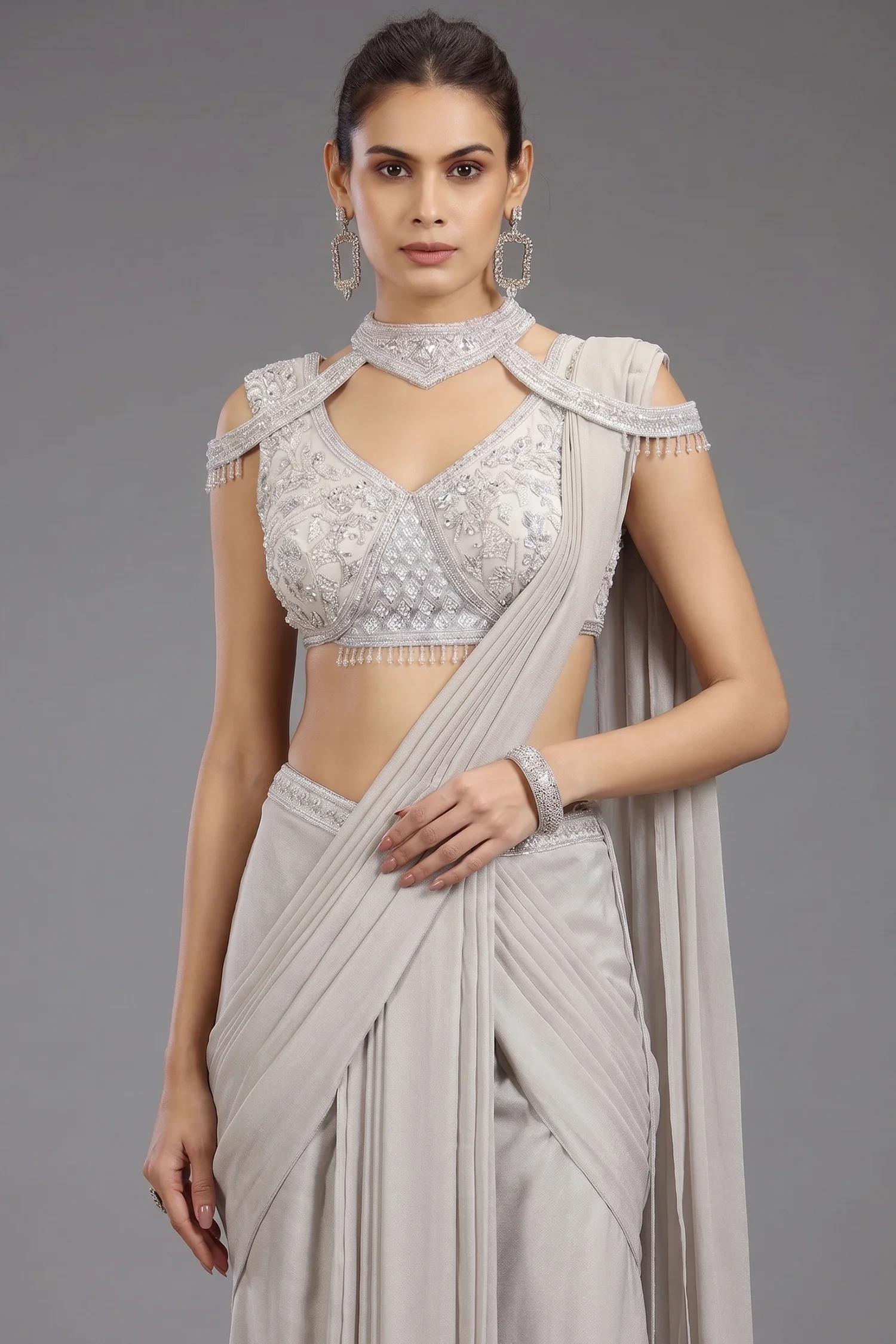 Grey Georgette Shimmer Pleated Saree with Embellished Blouse - Image 2