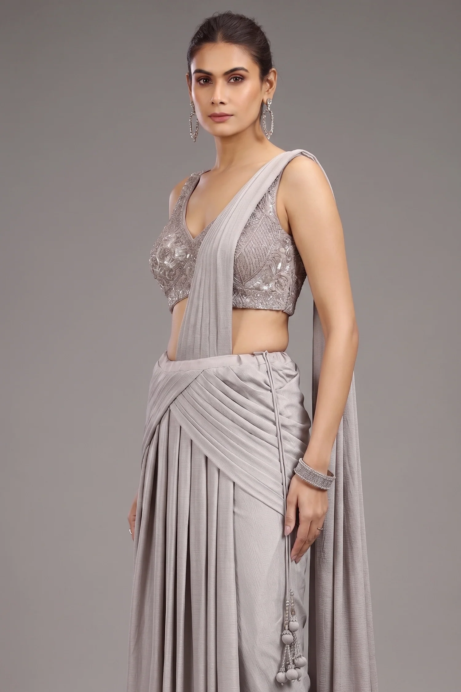 Grey Imported Pleated Lehenga with Attached Dupatta - Image 2