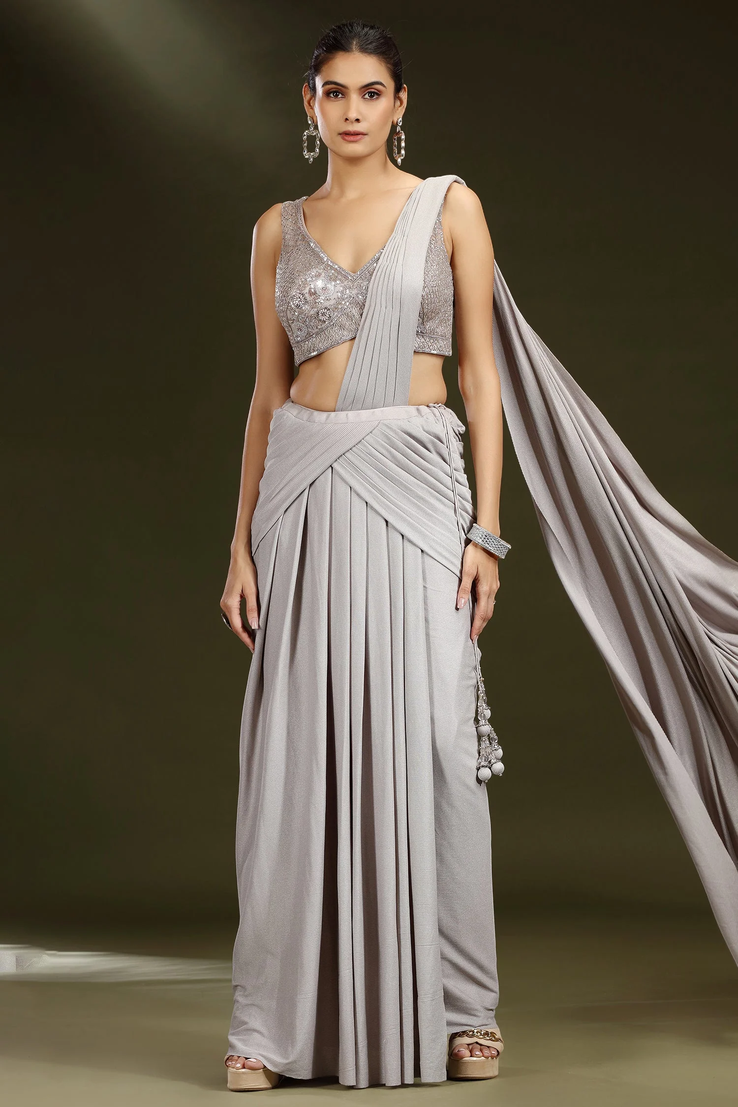 Grey Imported Pleated Lehenga with Attached Dupatta - Image 3