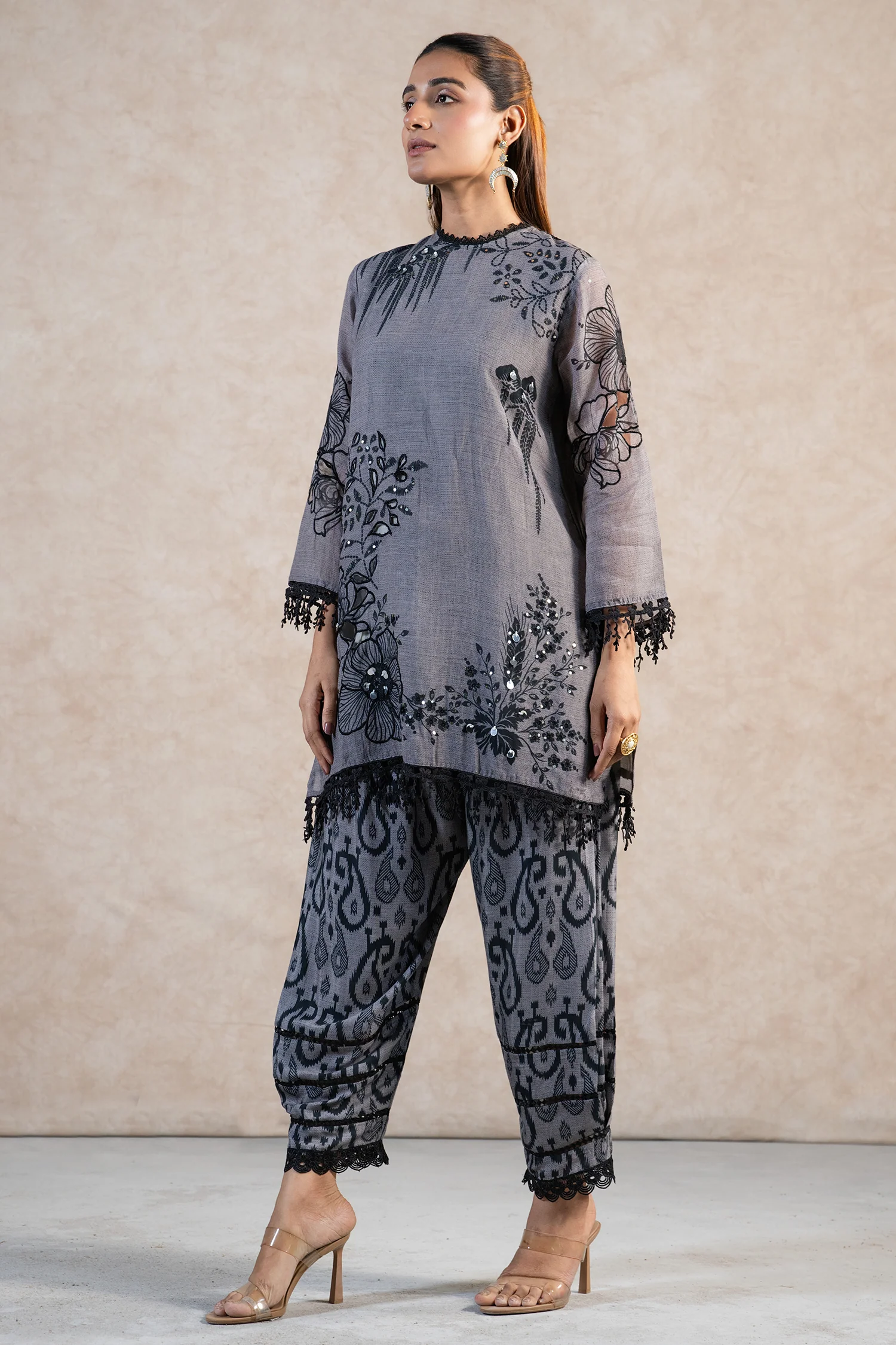 Grey Linen Floral Printed Co-Ord Set - Image 2