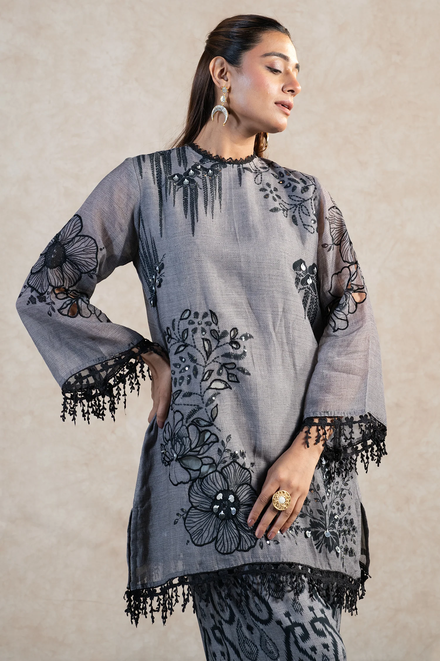 Grey Linen Floral Printed Co-Ord Set - Image 3