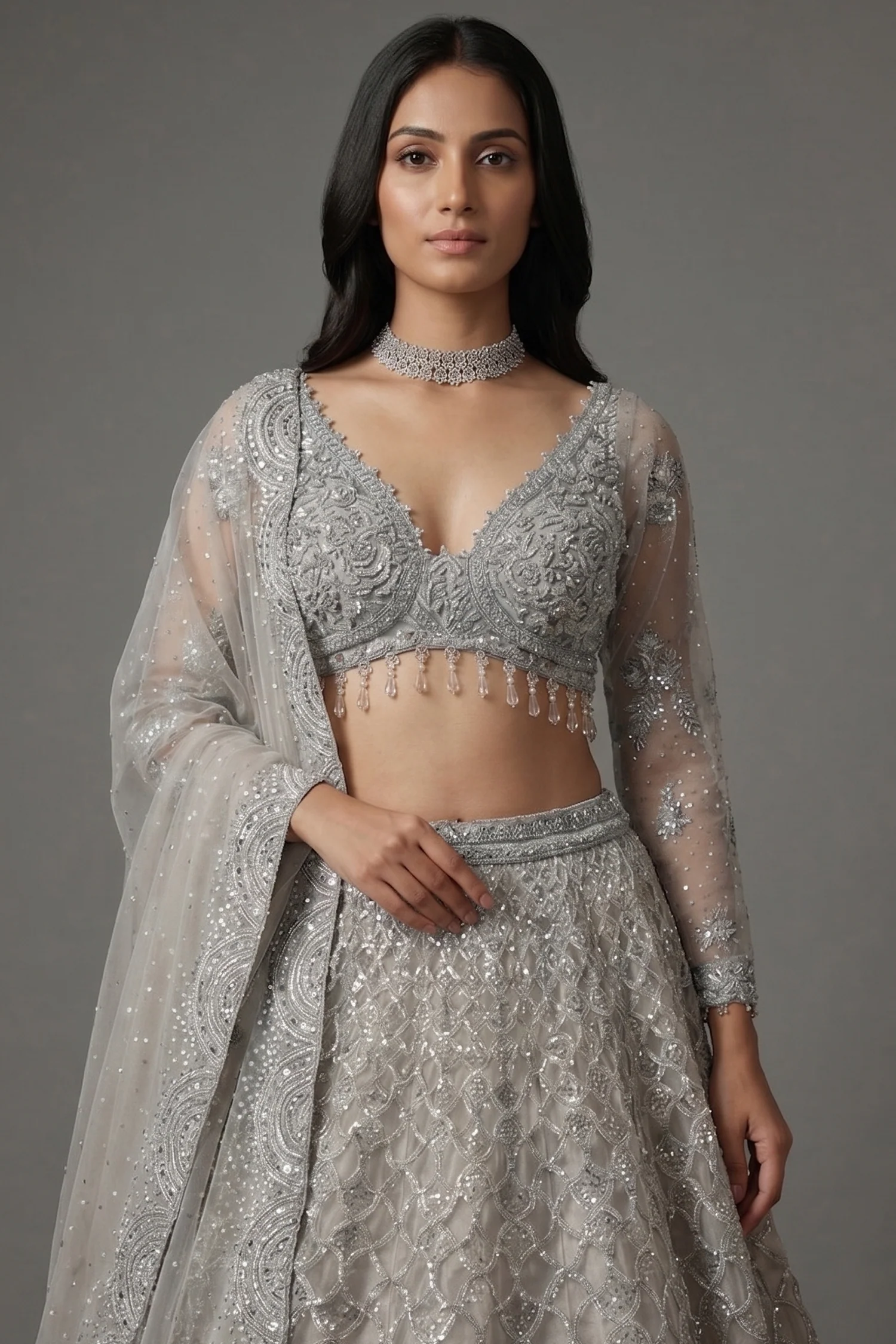 Grey Net Designer All Over Sequinned and Mirror Worked Lehenga - Image 2