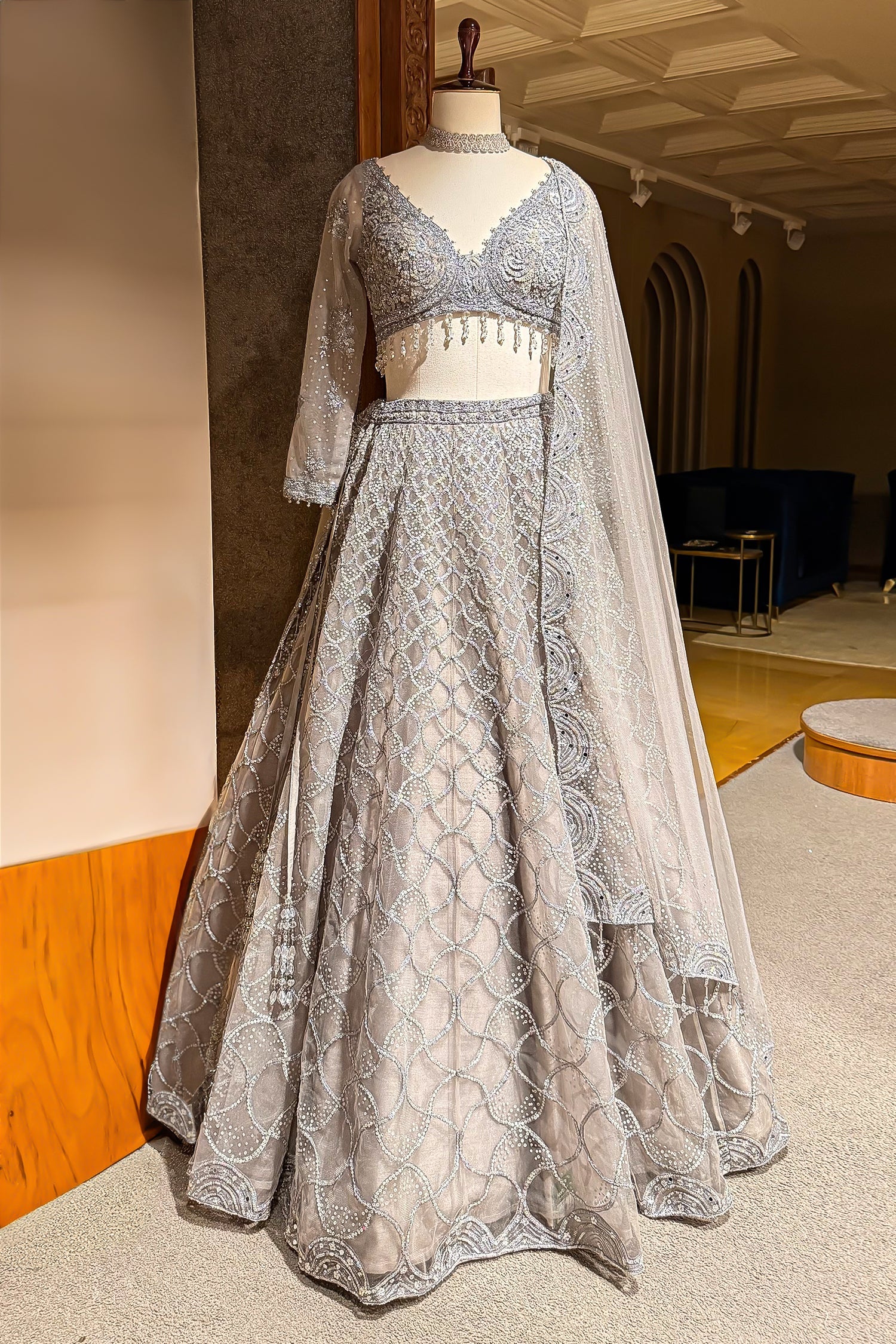 Grey Net Designer All Over Sequinned and Mirror Worked Lehenga - Image 3