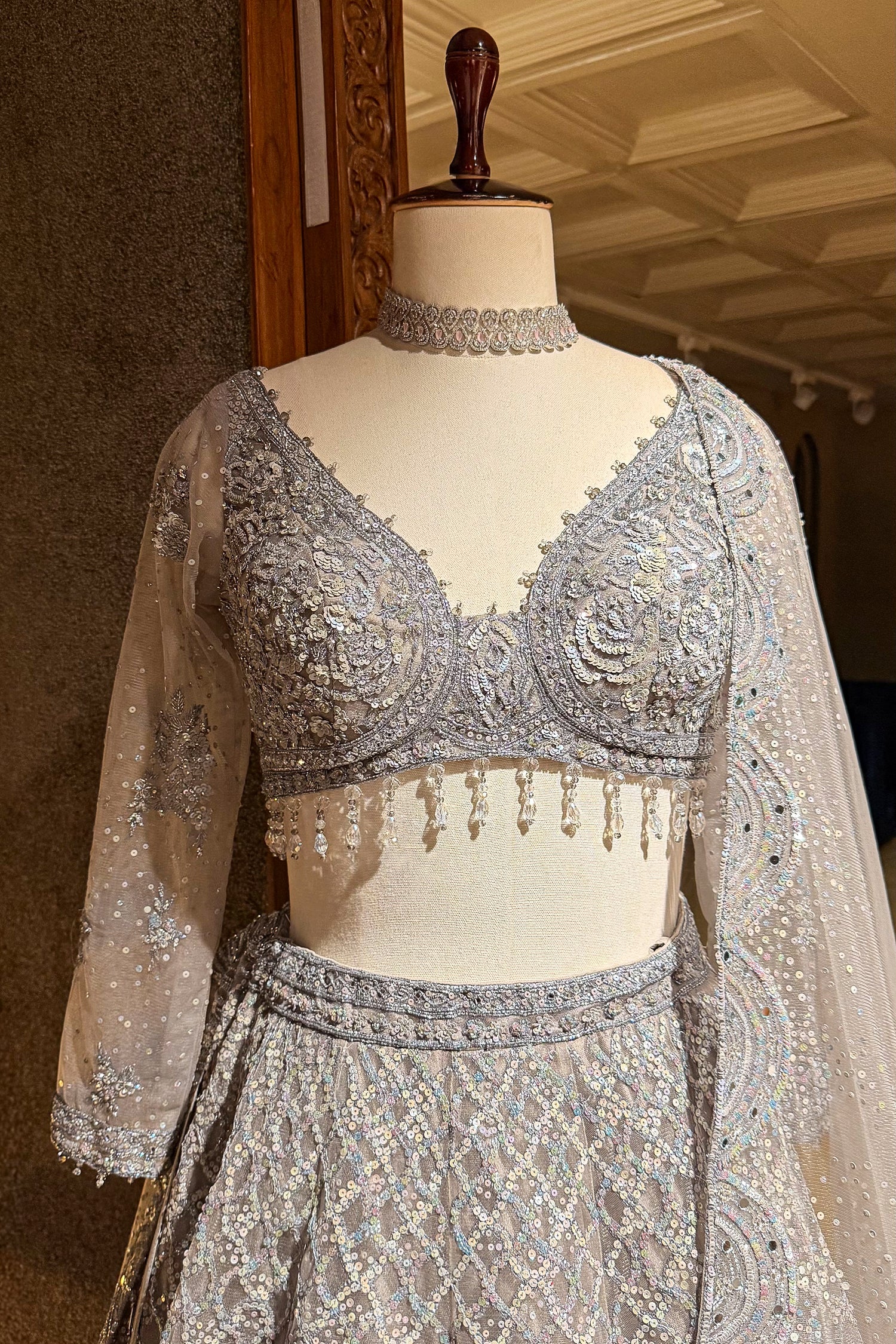Grey Net Designer All Over Sequinned and Mirror Worked Lehenga - Image 4
