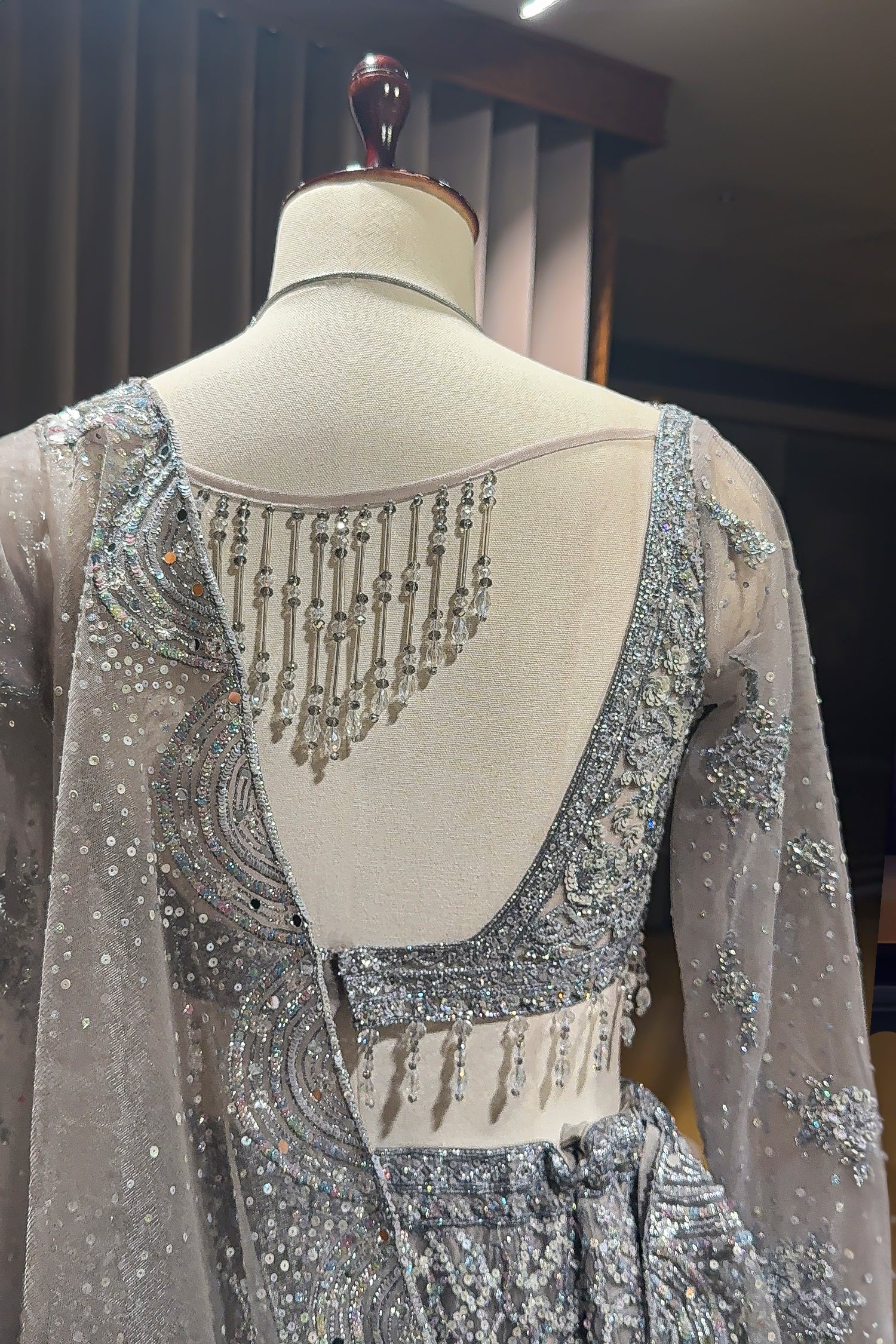 Grey Net Designer All Over Sequinned and Mirror Worked Lehenga - Image 5