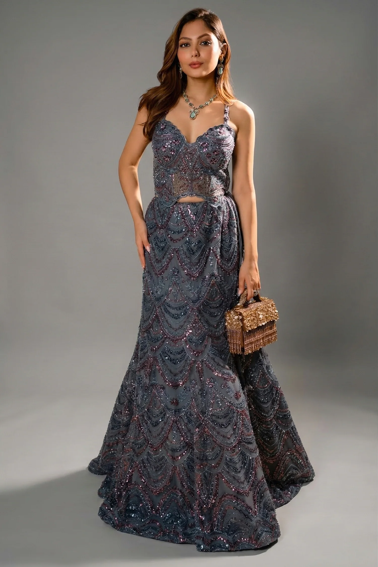 Grey Net Sequin and Cutdana Worked Fish Cut Lehenga with Sweet Heart Neckline Corset