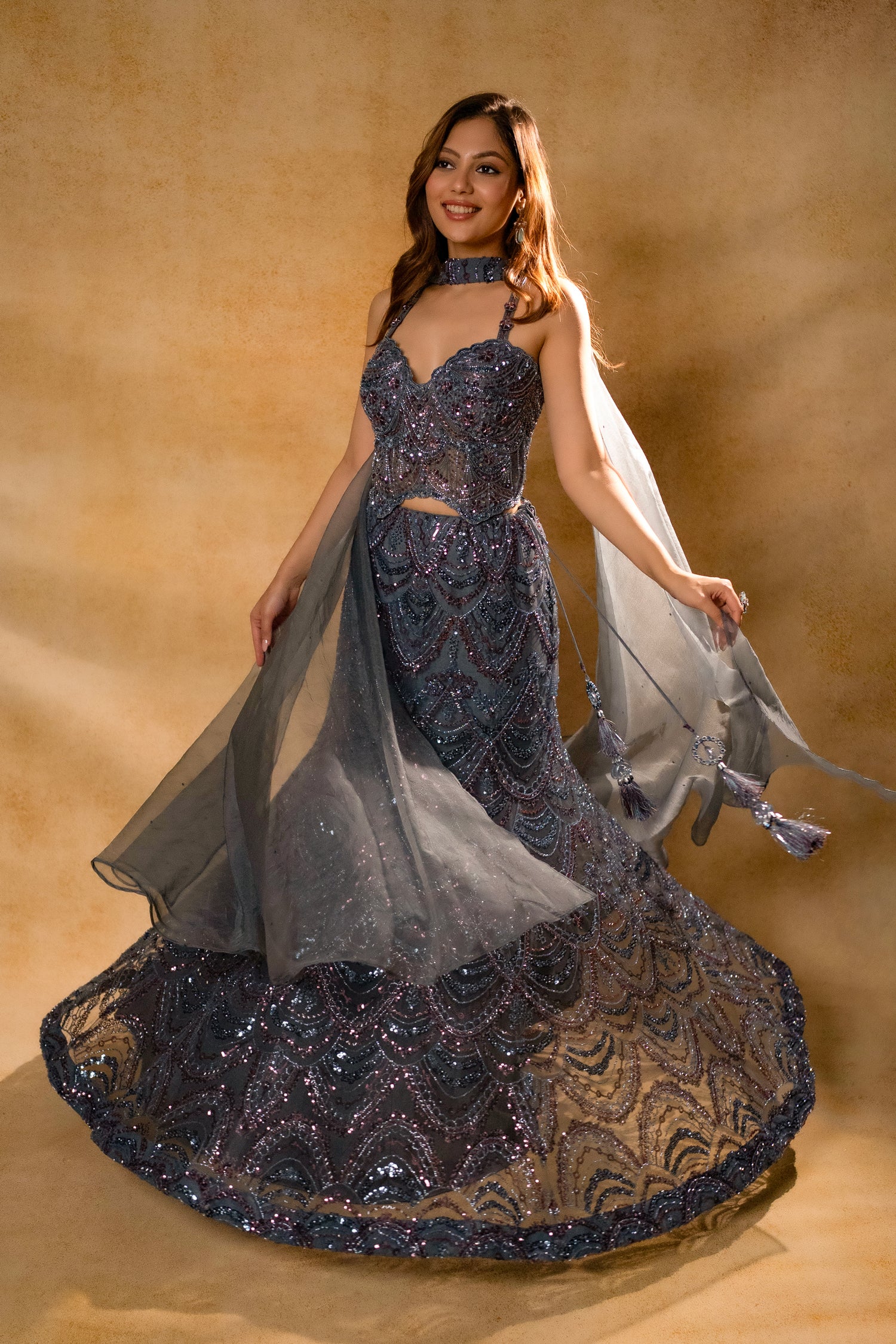 Grey Net Sequin and Cutdana Worked Fish Cut Lehenga with Sweet Heart Neckline Corset - Image 3