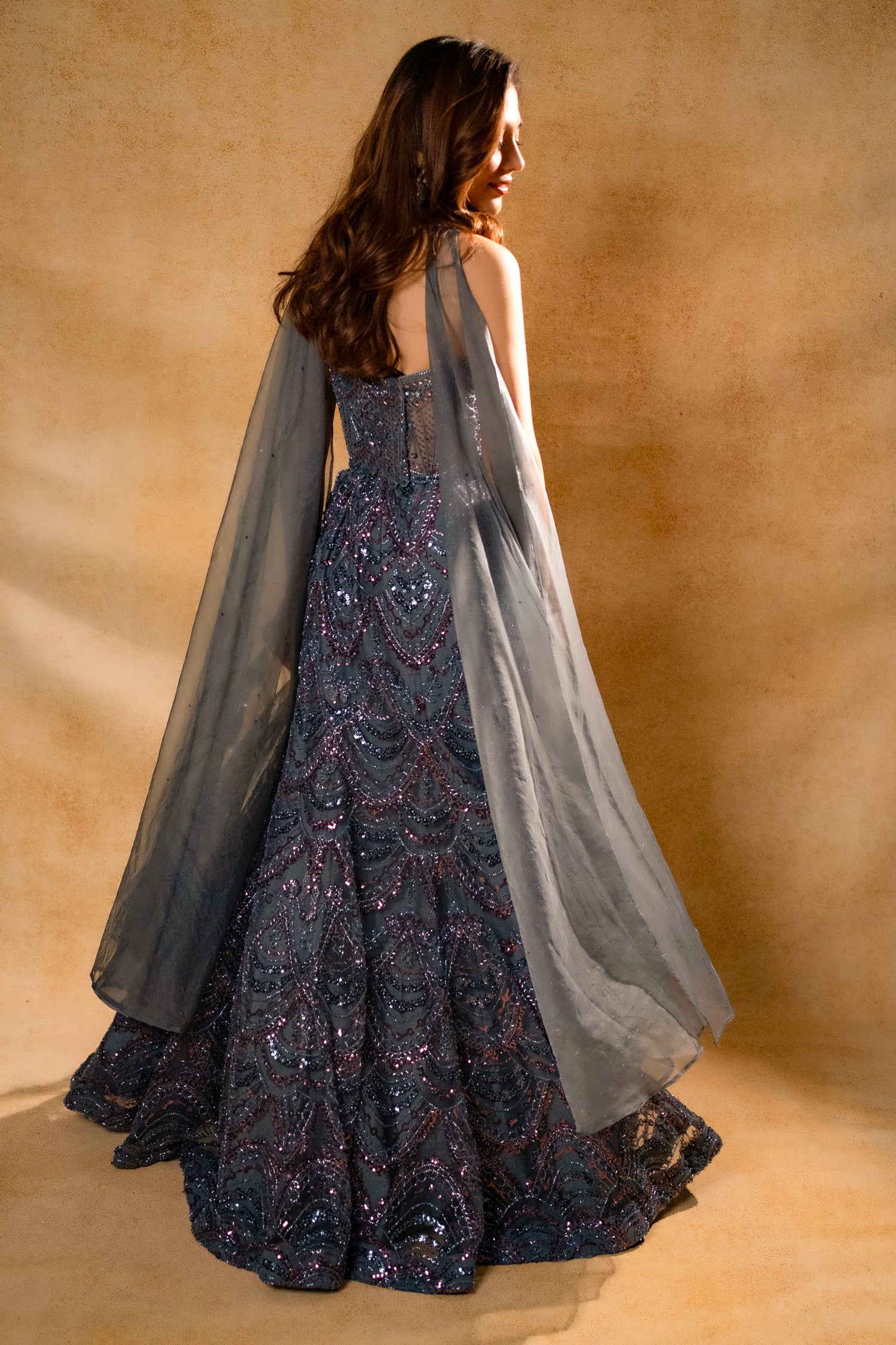 Grey Net Sequin and Cutdana Worked Fish Cut Lehenga with Sweet Heart Neckline Corset - Image 4
