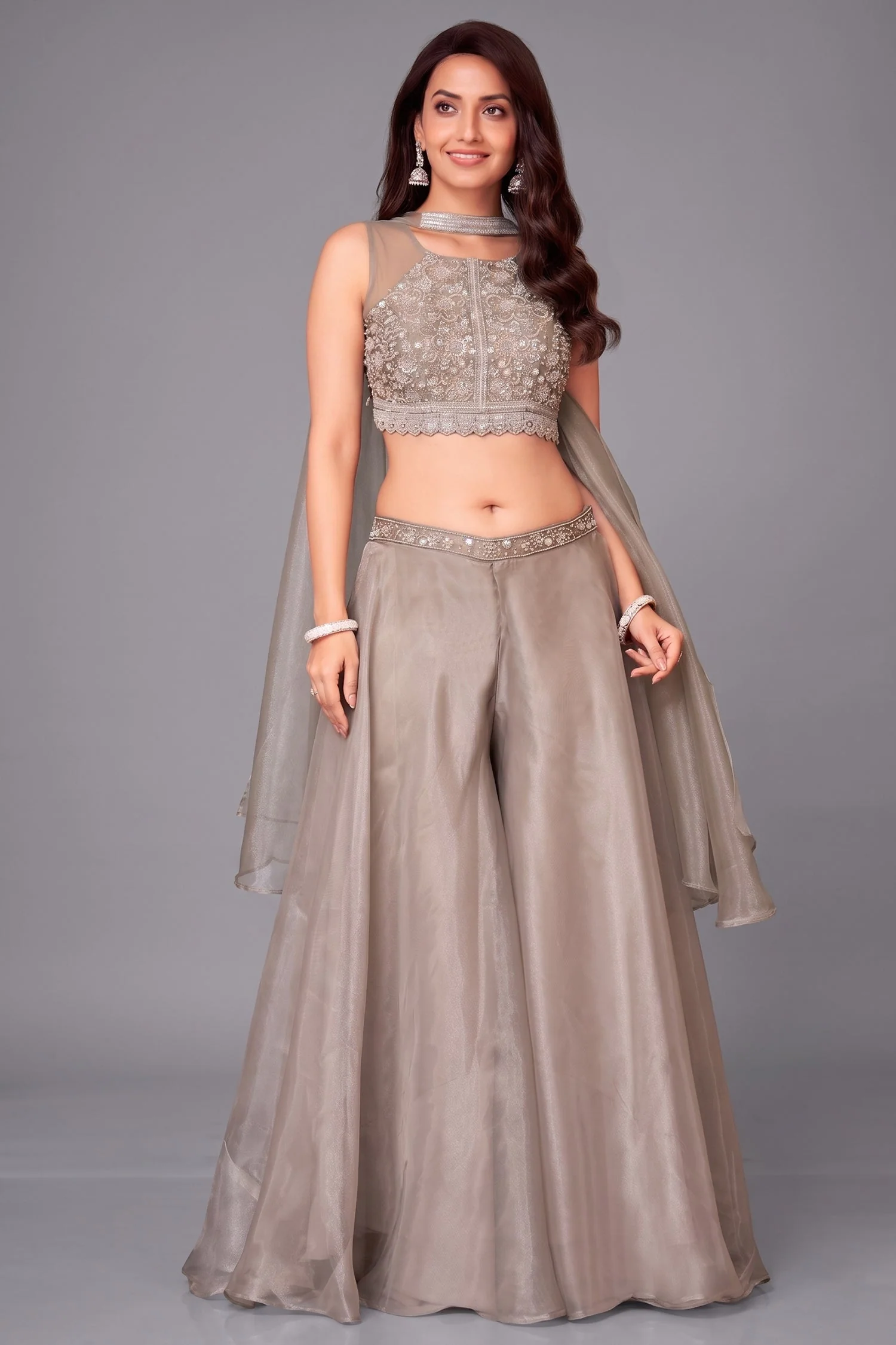 Grey Organza Sequin and Beaded Worked Crop Top Palazzo Set